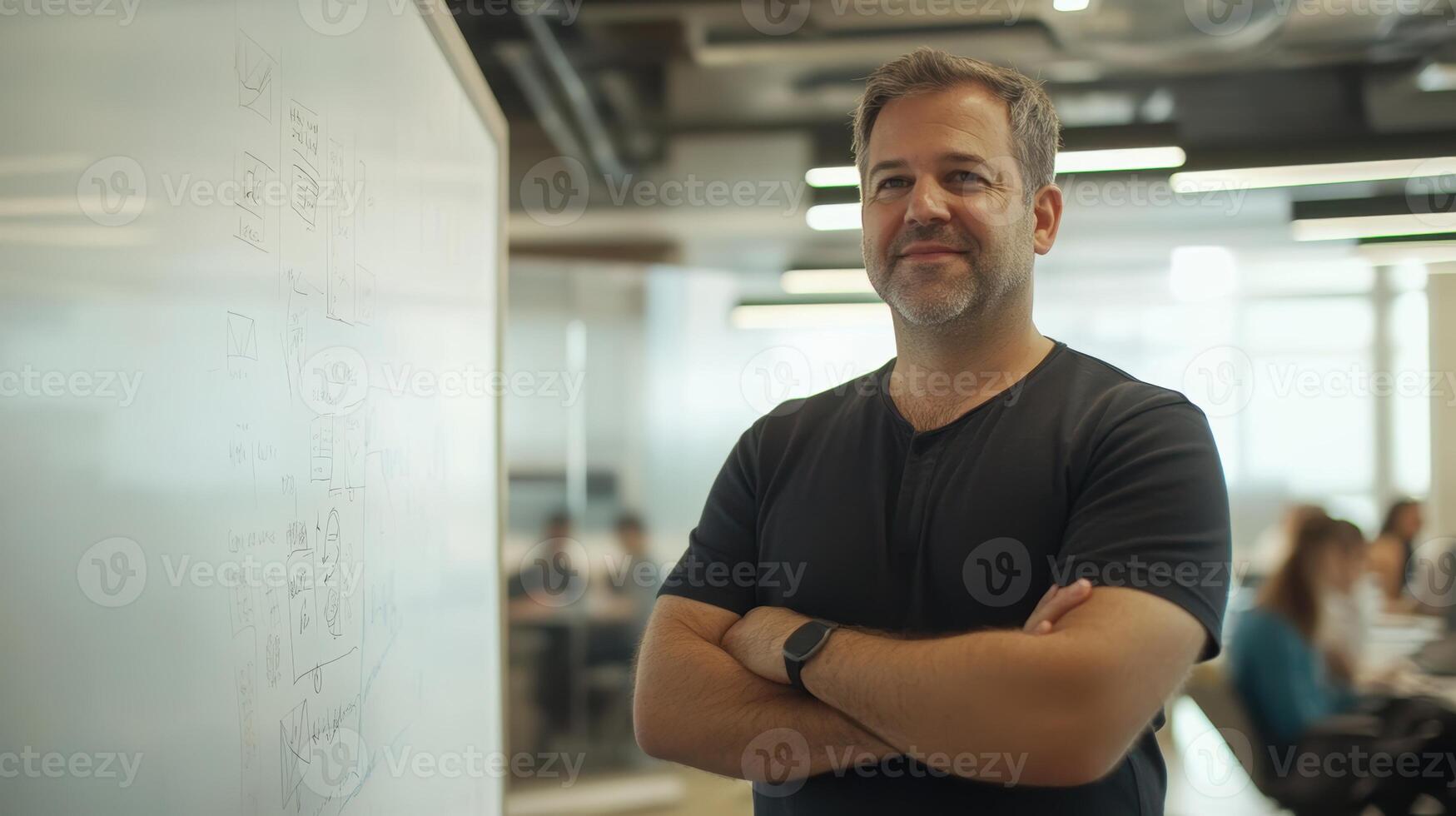 Confident Caucasian adult male in modern office setting stands with arms crossed next to a whiteboard full of diagrams and sketches. Mentor worker photo
