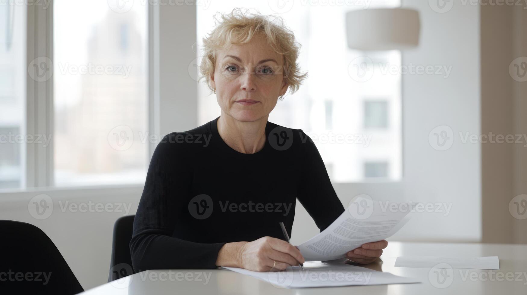 Mature caucasian woman sitting at office desk holding documents in a modern bright workspace with large windows and urban view. Mentor worker photo