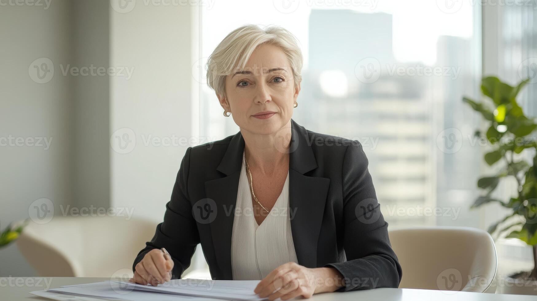 Mature caucasian businesswoman with white hair reviewing documents at a modern office table, confident and professional demeanor in corporate setting. Mentor worker photo