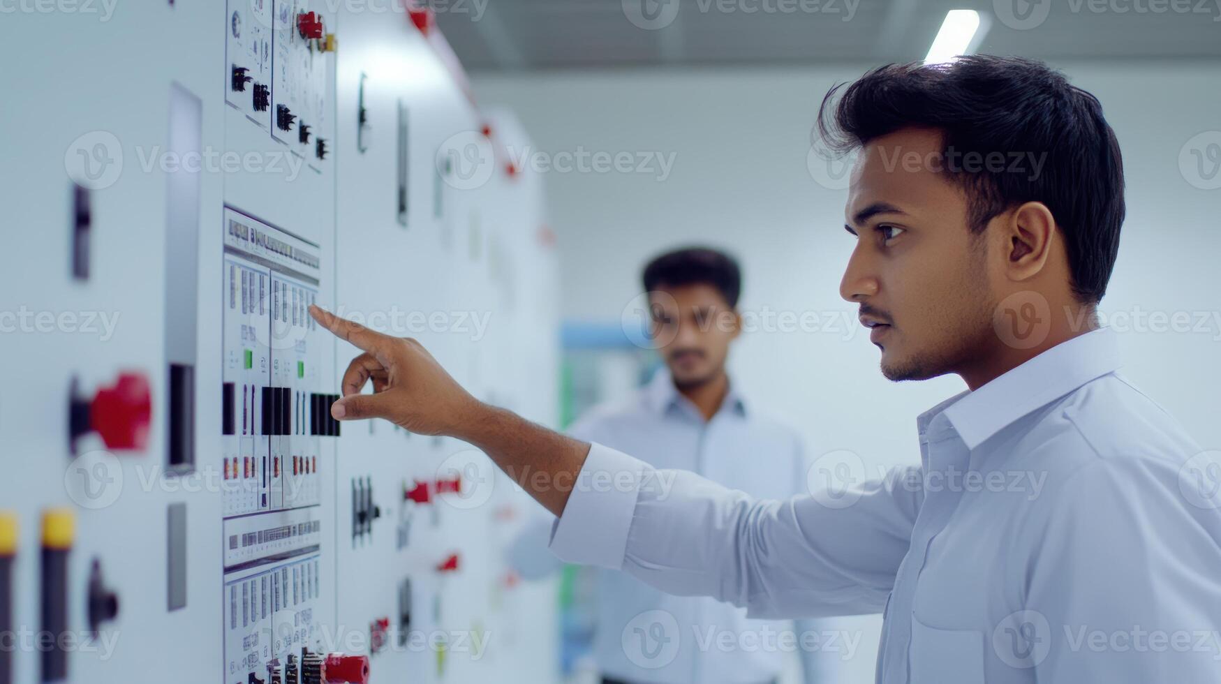 Young asian male engineers in control room analyzing data on industrial panel for efficient system management and problem-solving initiatives. Mentor worker photo