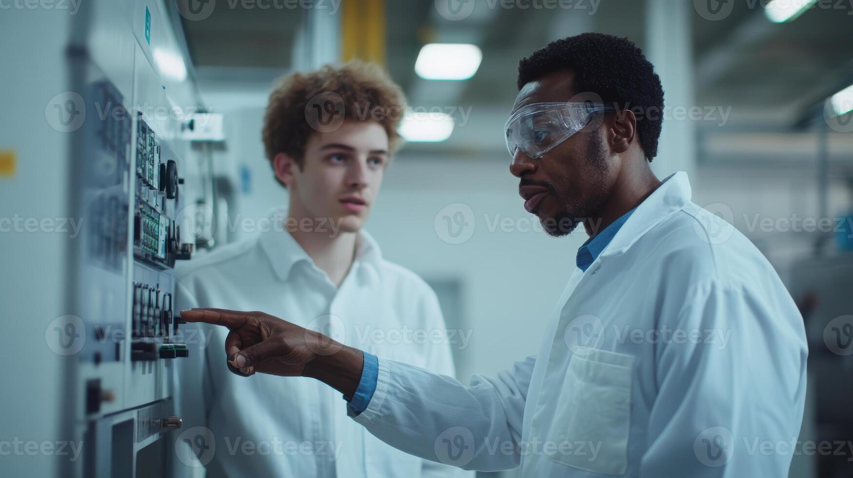 African male engineer in lab coat guides young caucasian intern on industrial equipment, focusing on machinery operations in modern facility. Mentor worker photo