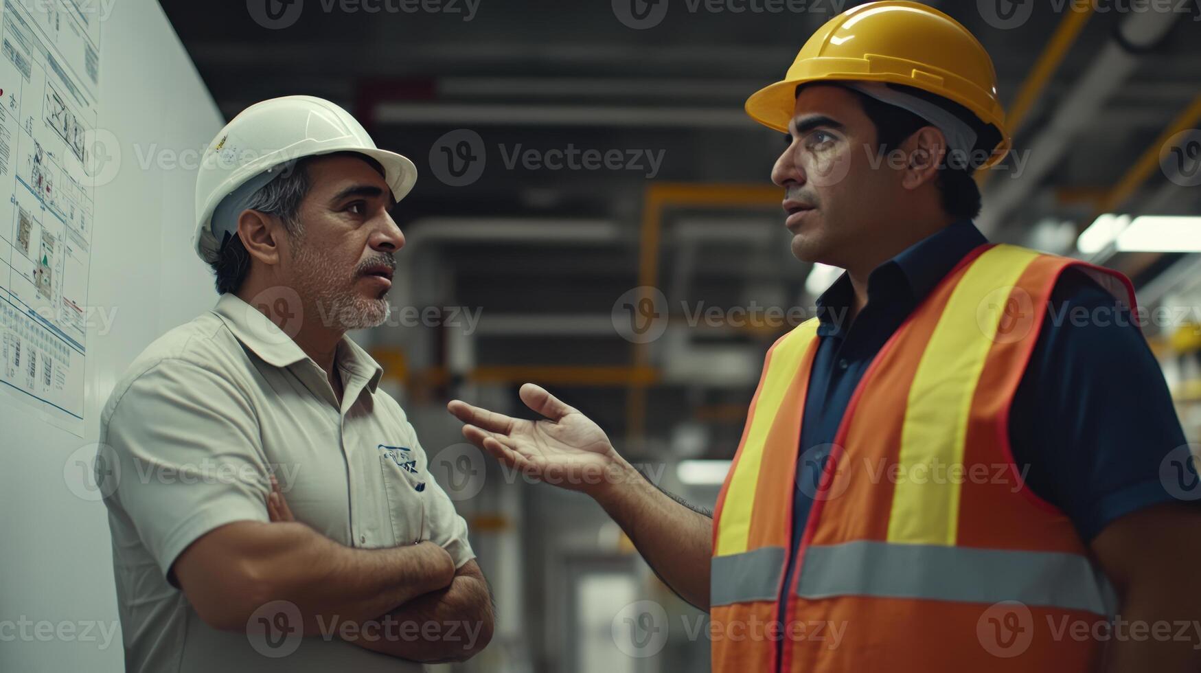 Hispanic male and caucasian male workers in discussion wearing safety gear at industrial worksite under bright lighting. Mentor worker photo