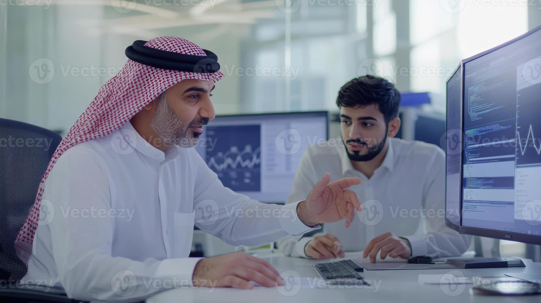 Middle-eastern adult males collaborate on business strategy in modern office setting with computers and digital analytics display. Mentor worker photo
