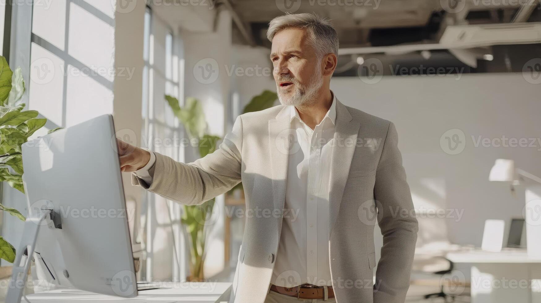 Mature caucasian male in modern office points at computer screen in sunlit workspace with large windows and indoor plants. Mentor worker photo