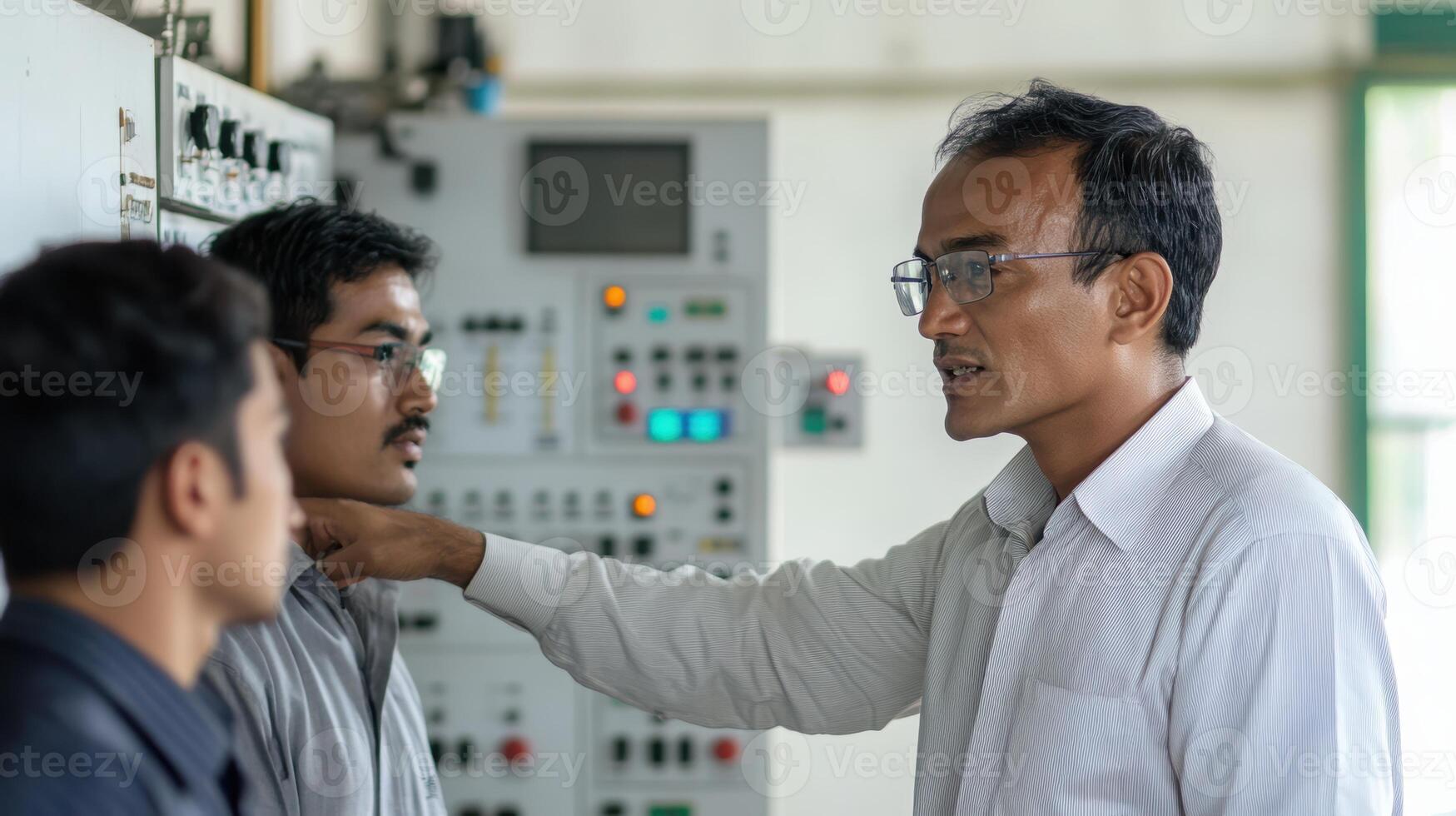 Asian male engineer leading diverse team in industrial control room with focus on technological panel and teamwork in modern industry. Mentor worker photo