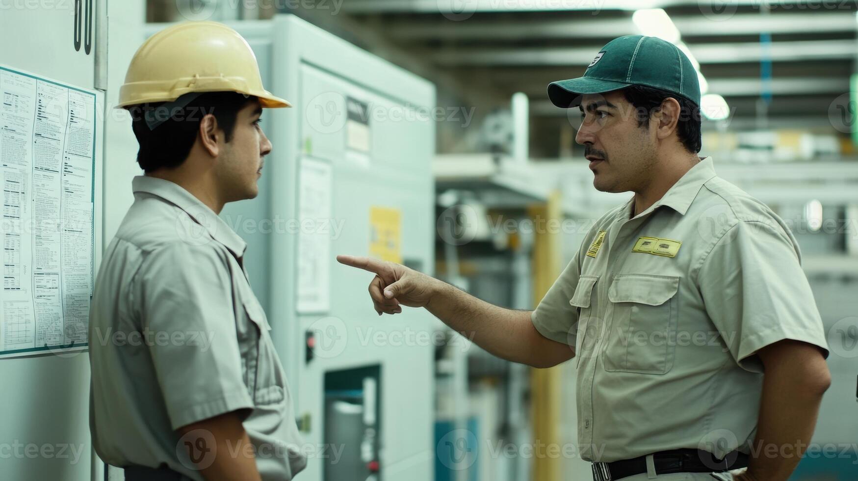 Two young hispanic male workers in industrial setting, one wearing hard hat and other pointing, engaged in a serious conversation. Mentor worker photo