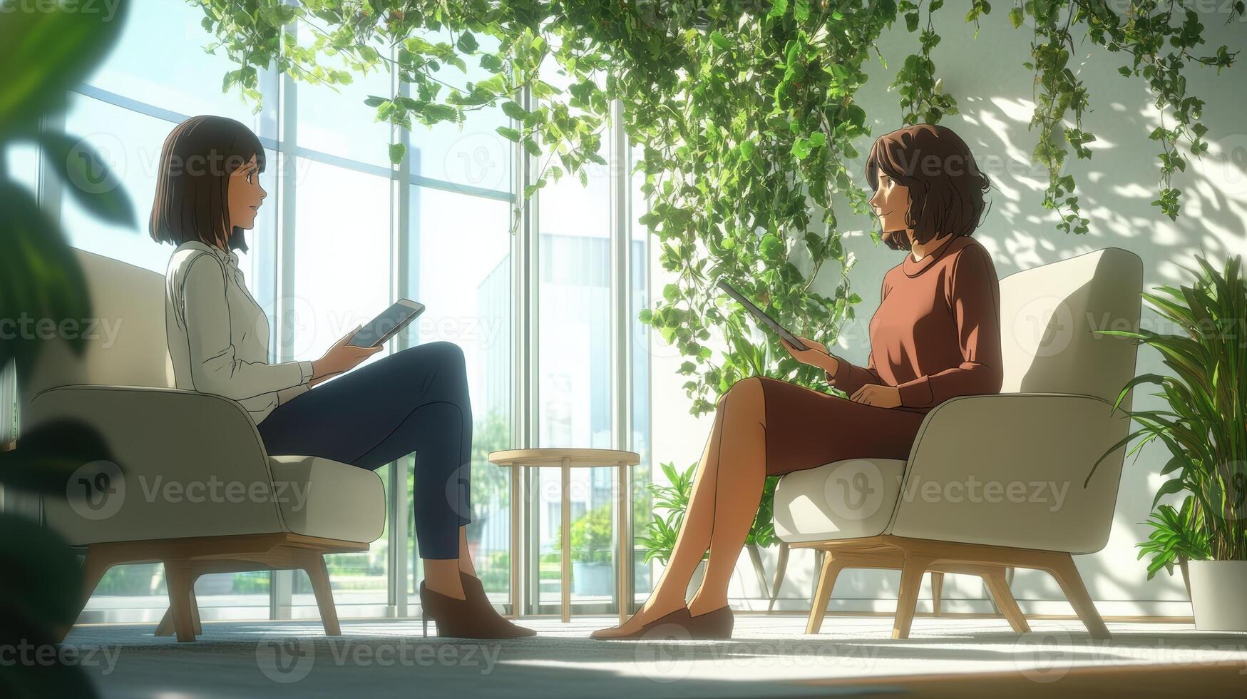 Two young caucasian women discuss ideas in modern office with natural light and greenery emphasizing collaboration and innovation. Mentor worker photo