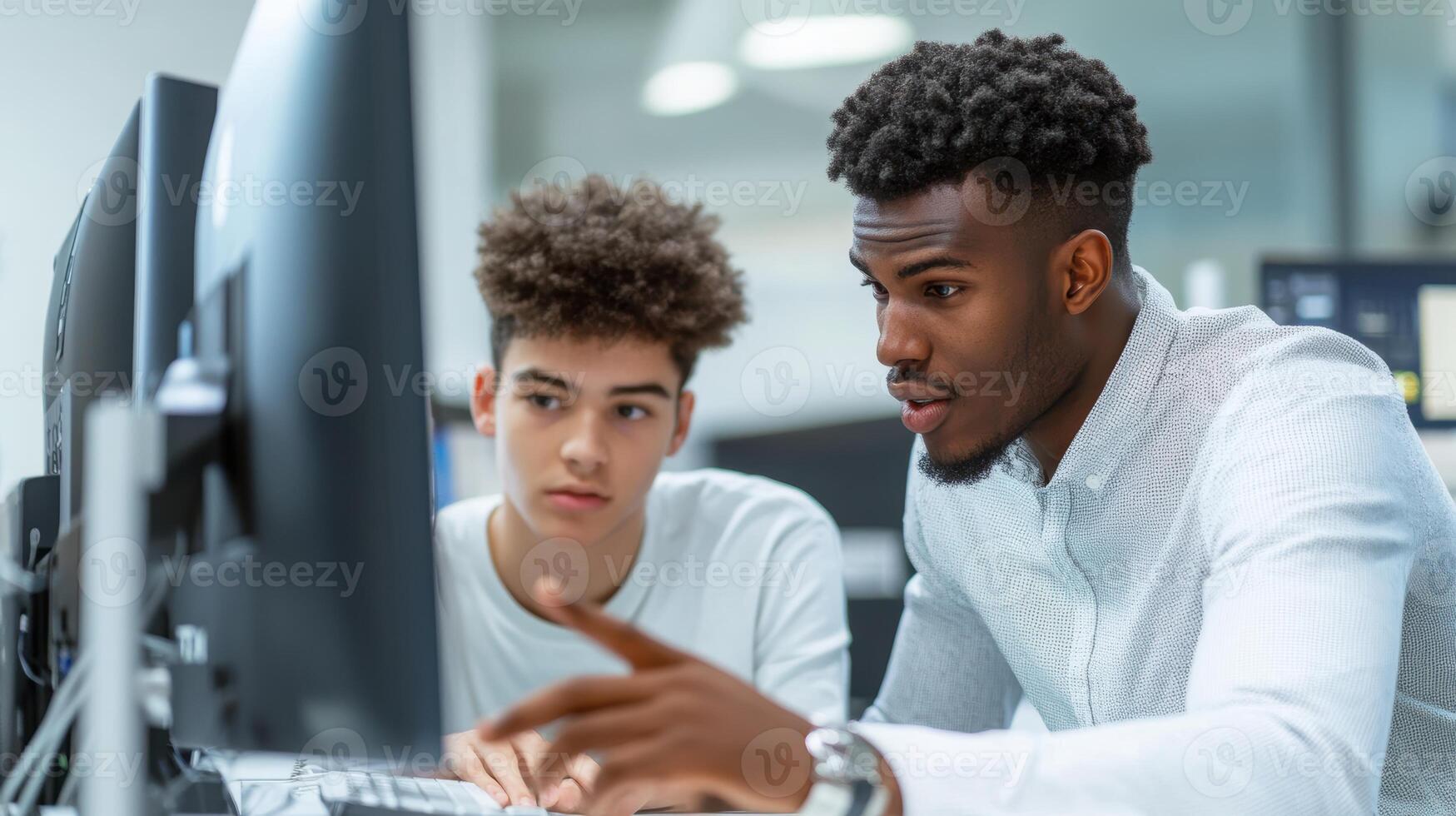Two young males collaborating on a computer project in a modern office environment, with focused expressions and engaged interaction. Mentor worker photo