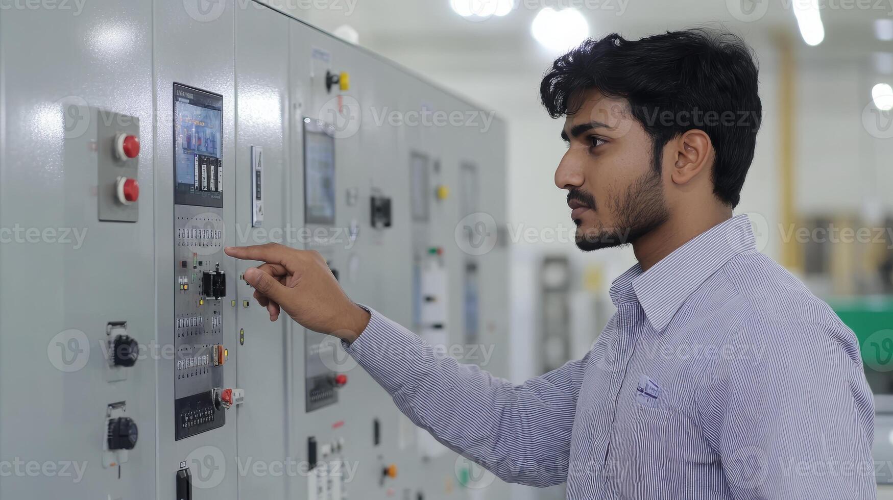 Young asian male engineer operating control panel in industrial setting, focused on monitoring equipment and adjusting settings with precision. Mentor worker photo