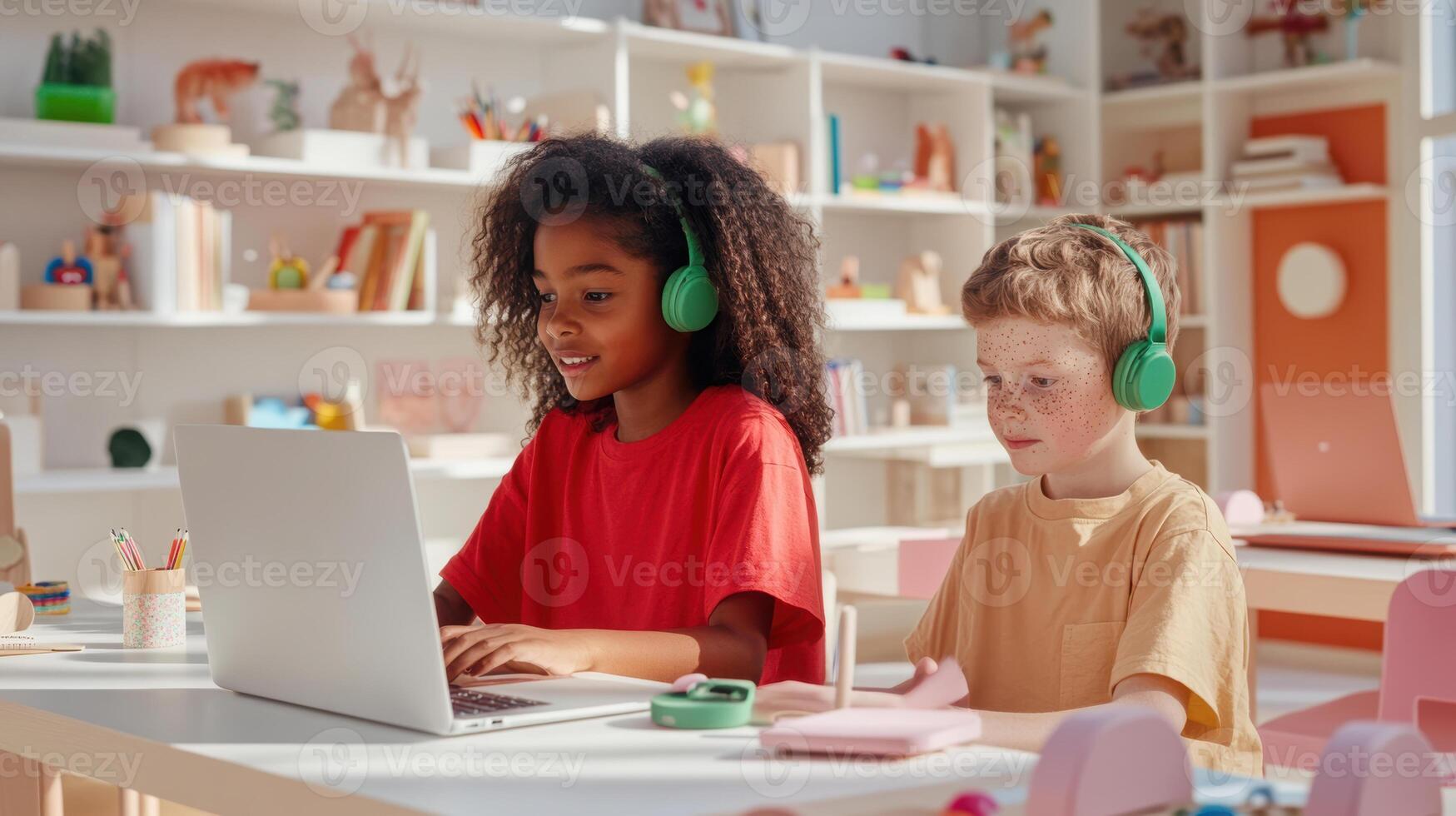 Young african female and caucasian male children enjoy educational activities on laptops in a colorful classroom environment. Wearing headphones watching webinar photo
