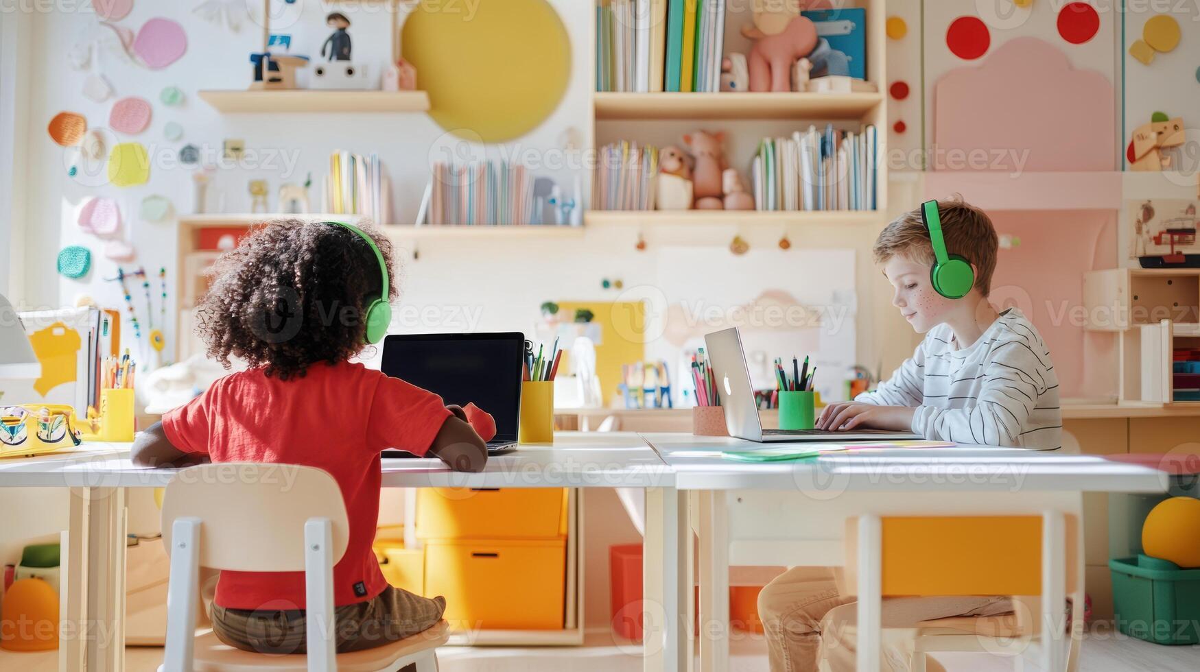 Young caucasian and african children engaged in learning with laptops in a vibrant classroom setting filled with educational tools. Wearing headphones watching webinar photo