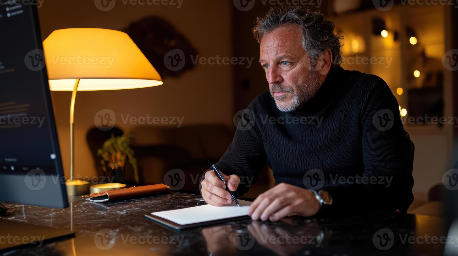 Mature caucasian male in black turtleneck writing notes while working on laptop in cozy dimly lit room with warm lighting. Wearing headphones watching webinar photo