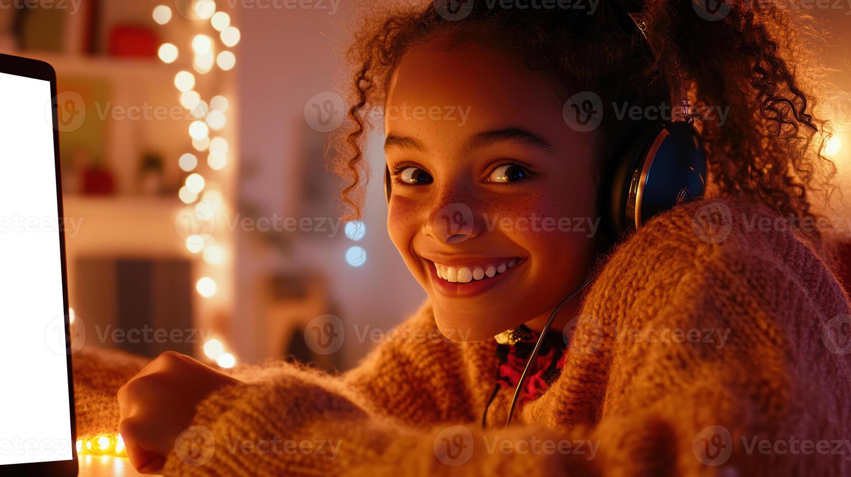 Joyful african american young girl with curly hair listening to music on headphones at home surrounded by warm ambient lights. Wearing headphones watching webinar photo