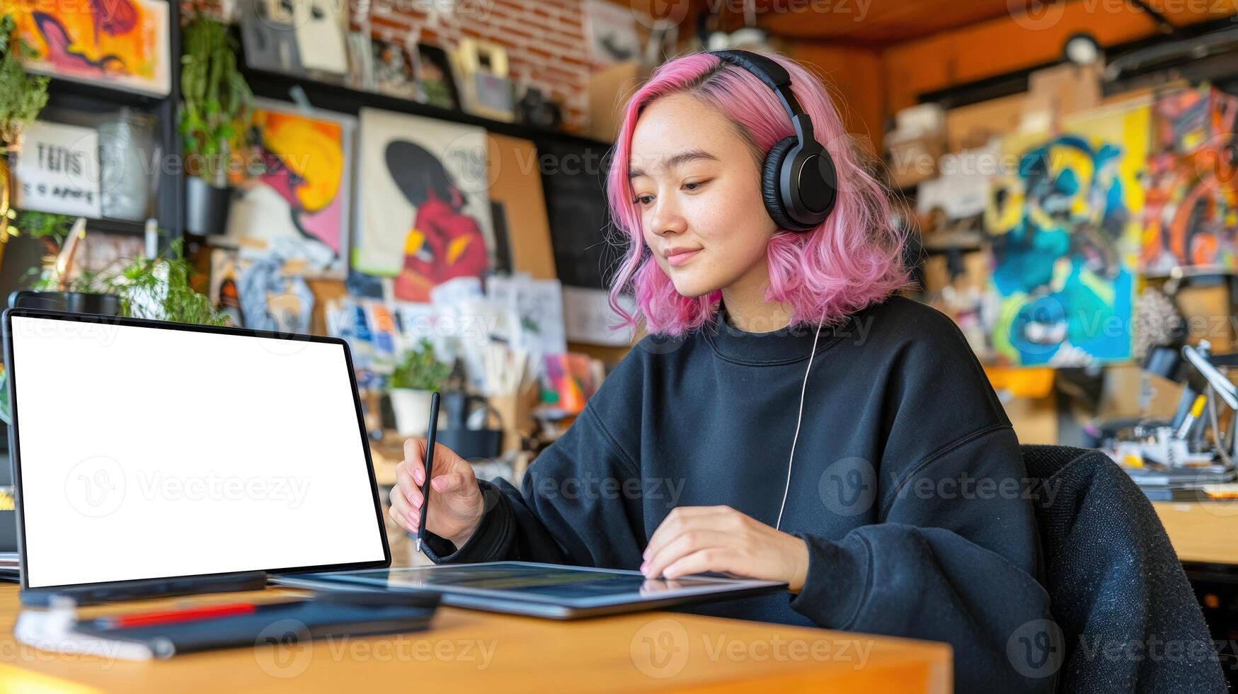 Young asian female artist with pink hair and headphones creating digital art on a tablet in a vibrant studio surrounded by colorful artworks. Wearing headphones watching webinar photo