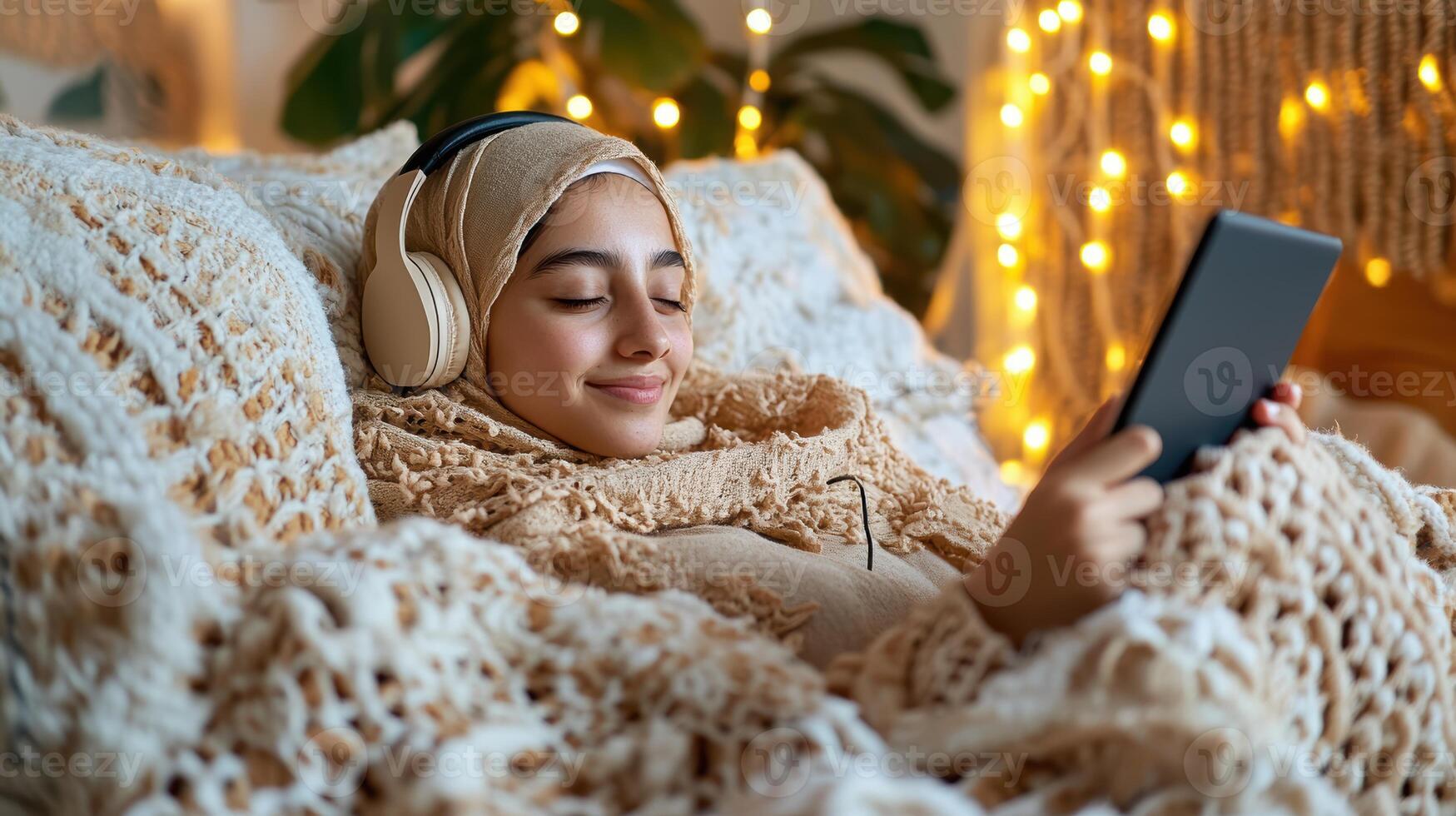 Young asian female relaxing on a cozy knitted blanket with headphones and digital tablet surrounded by warm string lights, enjoying a tranquil evening. Wearing headphones watching webinar photo