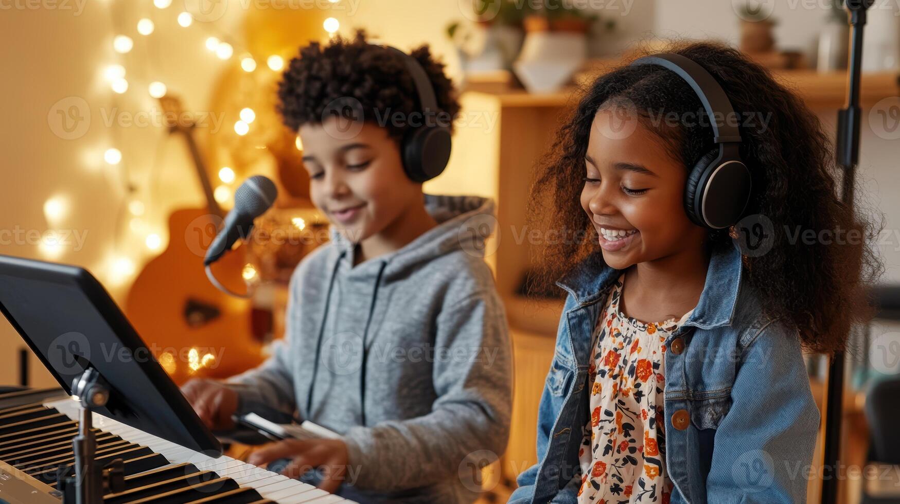 Young african children enjoying music creation with keyboard and microphone in cozy home studio decorated with warm fairy lights. Wearing headphones watching webinar photo