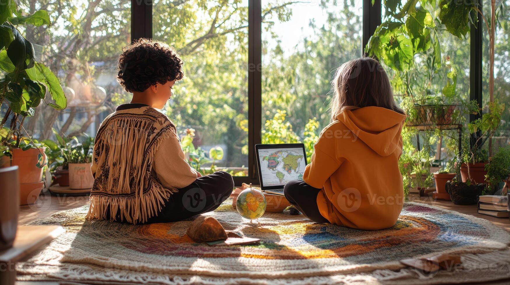 Young children engage in educational activities using a laptop in a bright, vibrant room filled with greenery, sunshine, and colorful decor. Wearing headphones watching webinar photo