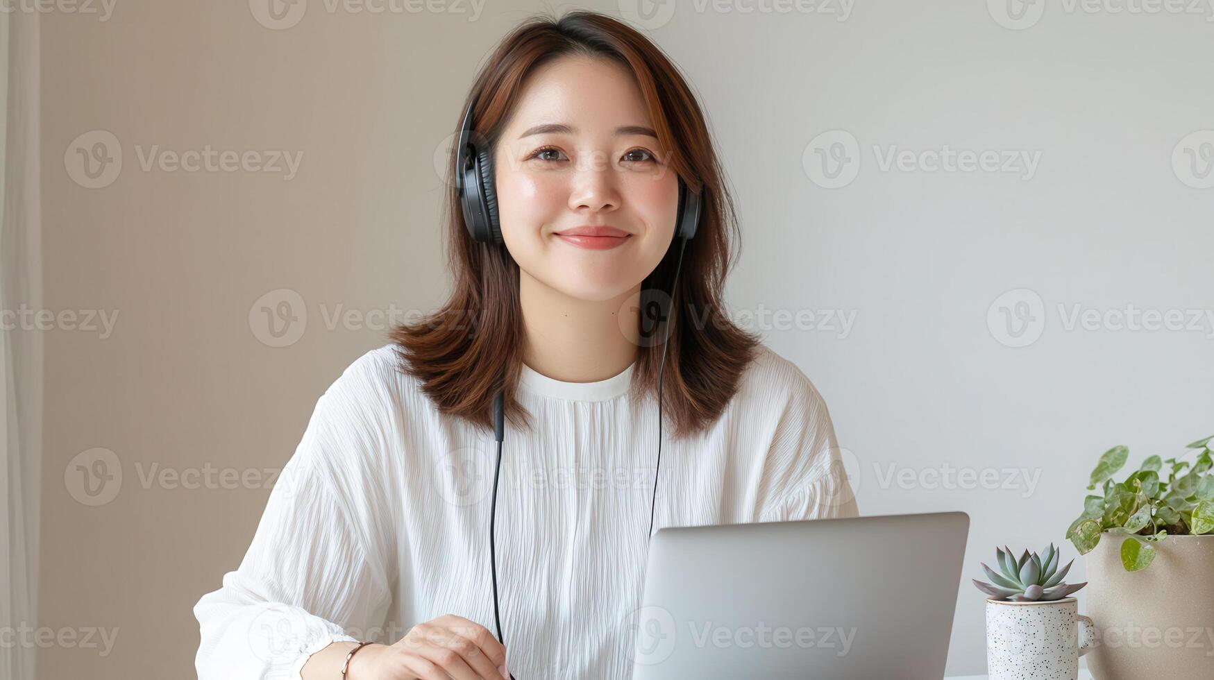 Smiling asian young woman wearing headphones working on laptop in minimalist home office with succulent plants and white walls photo
