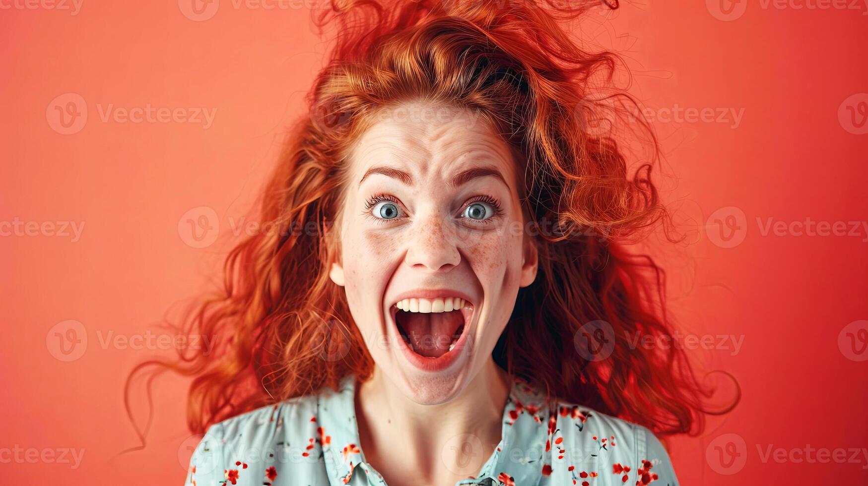Excited woman with curly red hair, wearing a floral shirt, is expressing joy with a wide smile against a vibrant orange background, showcasing happiness and enthusiasm photo