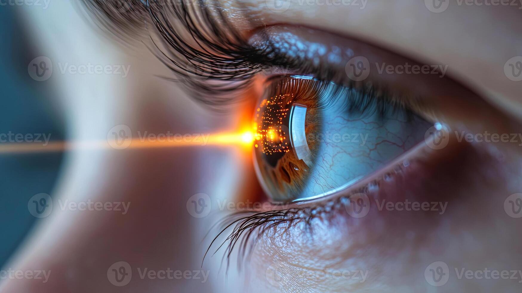 Close-up of a human eye with a vibrant iris reflecting a cityscape, illuminated by a bright light beam, showcasing intricate details and textures of the eye's surface photo