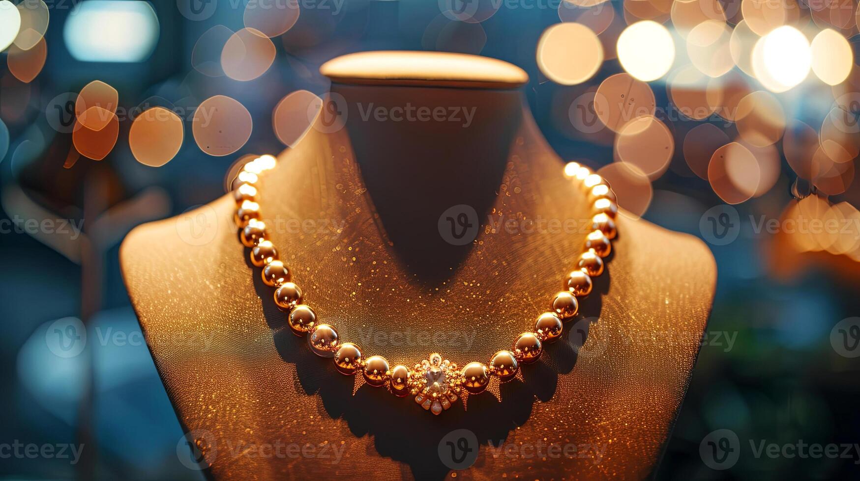 Elegant pearl necklace displayed on a soft fabric bust, surrounded by a blurred background of warm lights, showcasing luxury and sophistication in jewelry design photo