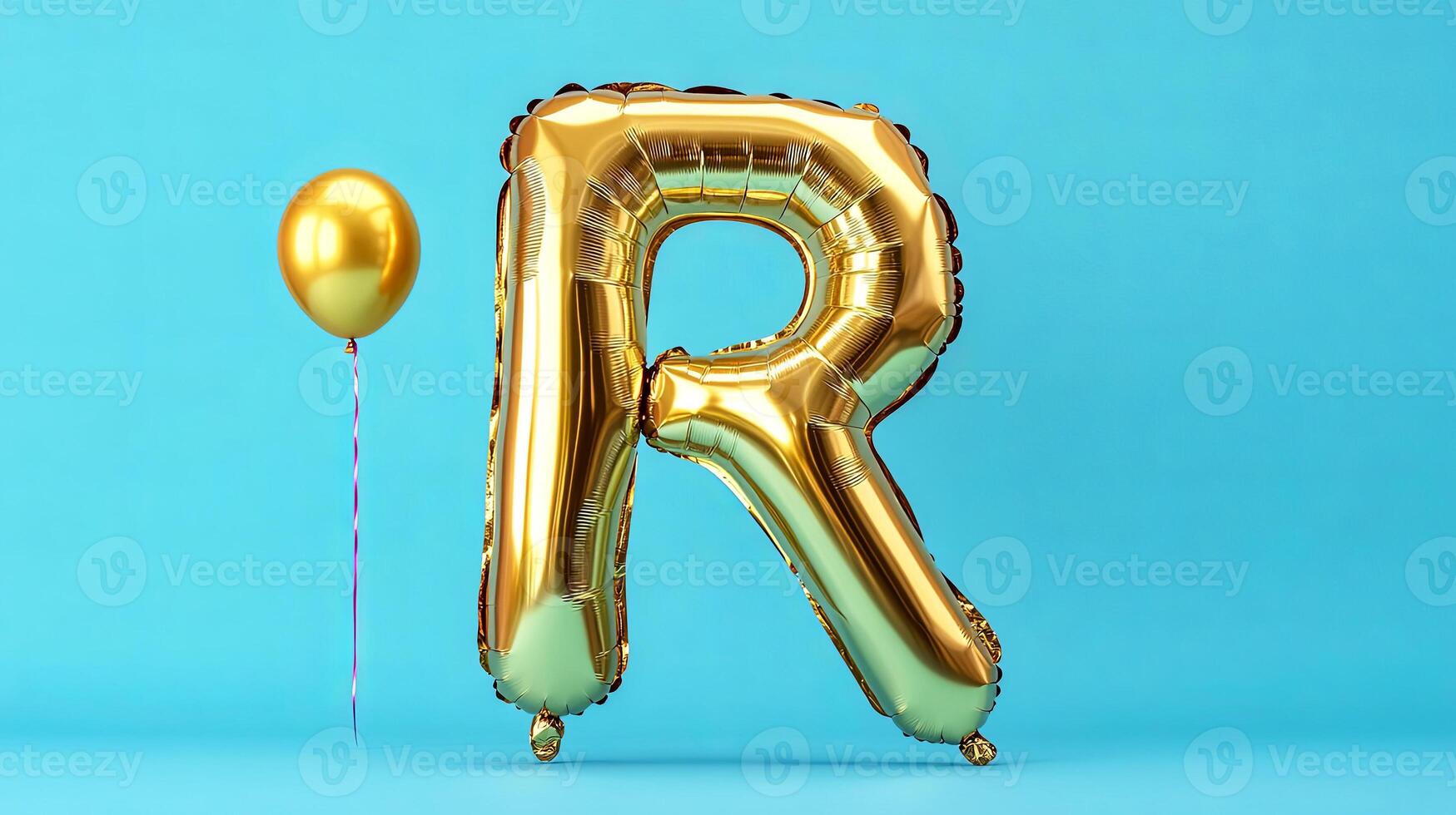 Golden letter R balloon stands prominently against a bright blue background, creating a festive atmosphere perfect for celebrations, parties, or special occasions photo