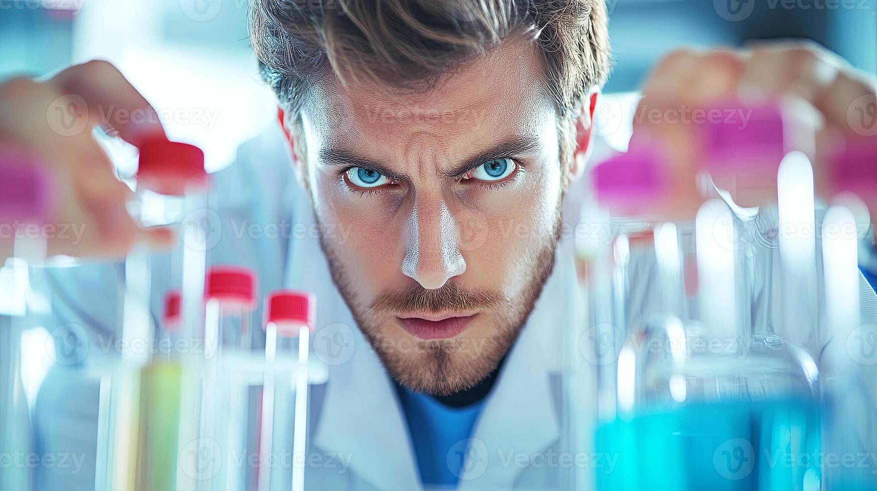 . Male scientist with intense expression is conducting experiments in a laboratory, surrounded by colorful test tubes and glassware, showcasing scientific research and innovation photo