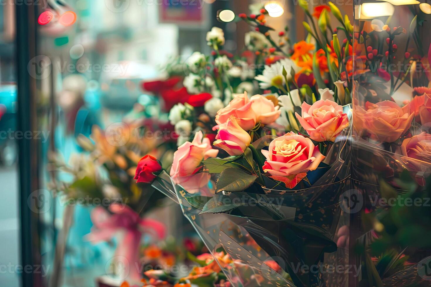 Colorful bouquet of fresh roses and assorted flowers displayed in a shop window, creating a vibrant and inviting atmosphere for passersby to admire floral beauty photo