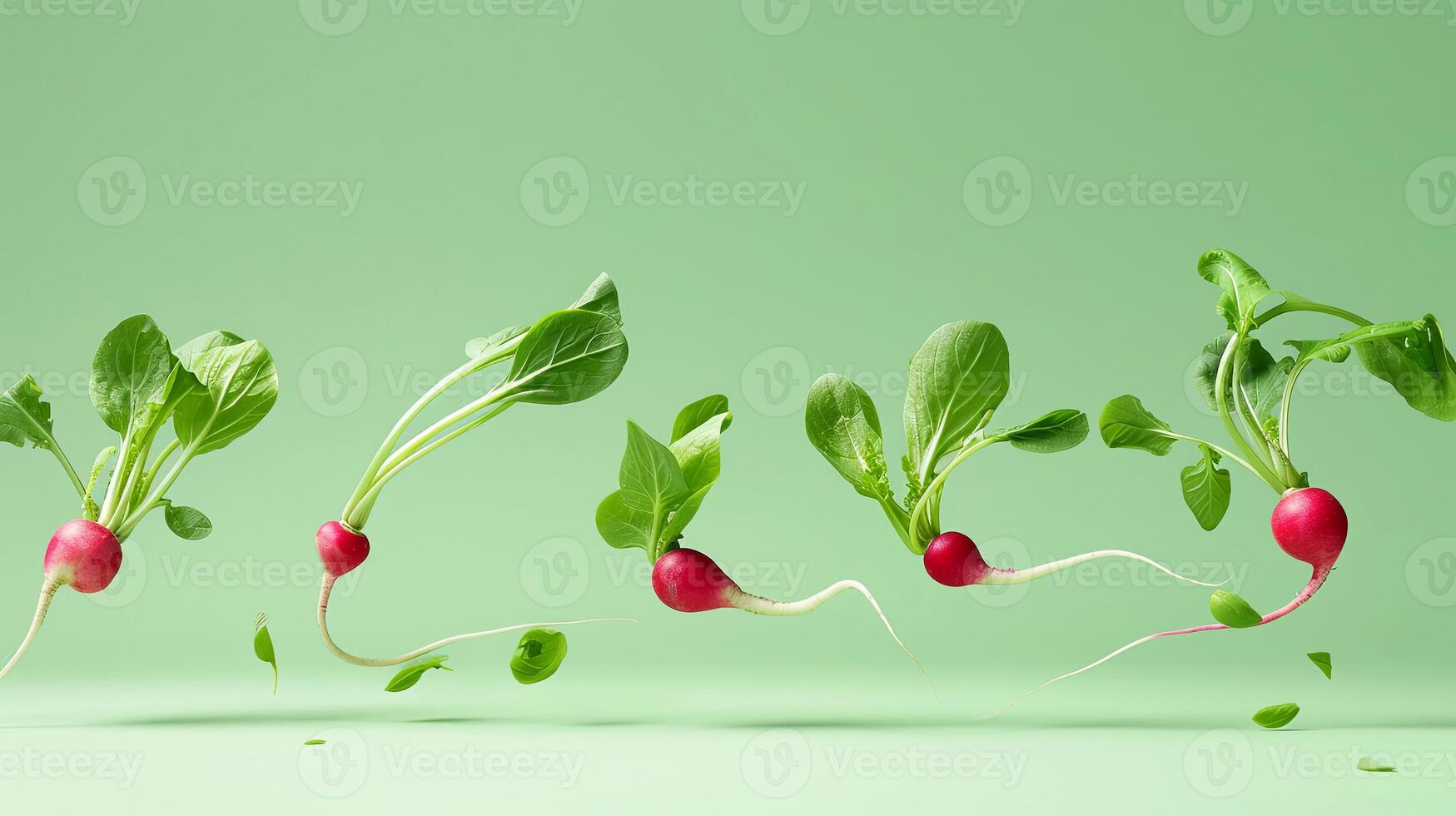 Fresh radishes with vibrant green leaves are artfully arranged against a soft green background, showcasing their natural beauty and freshness in a visually appealing composition photo