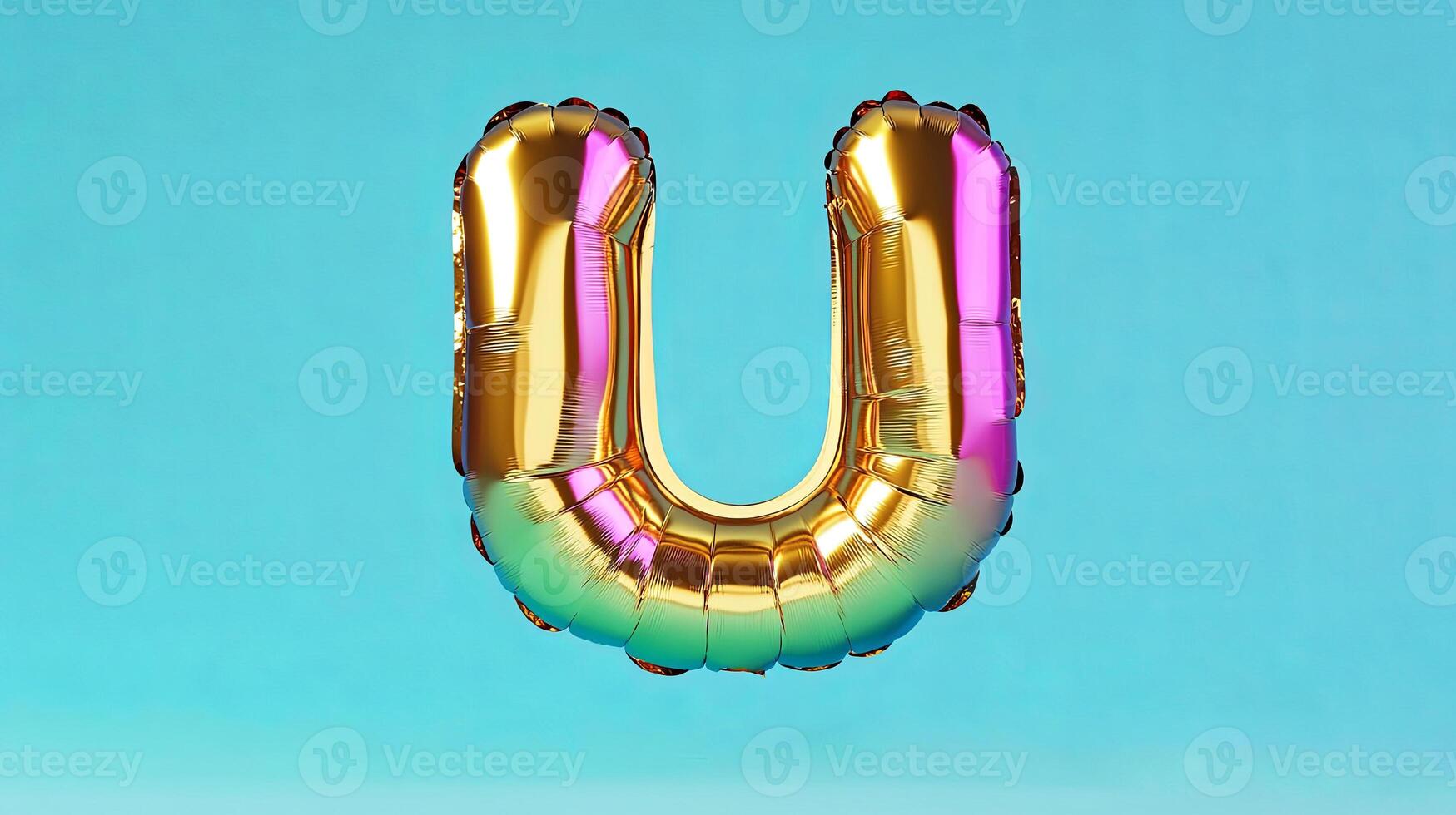 Golden balloon letter U, shiny and reflective, floating against a vibrant blue background, creating a playful and festive atmosphere for celebrations and events photo