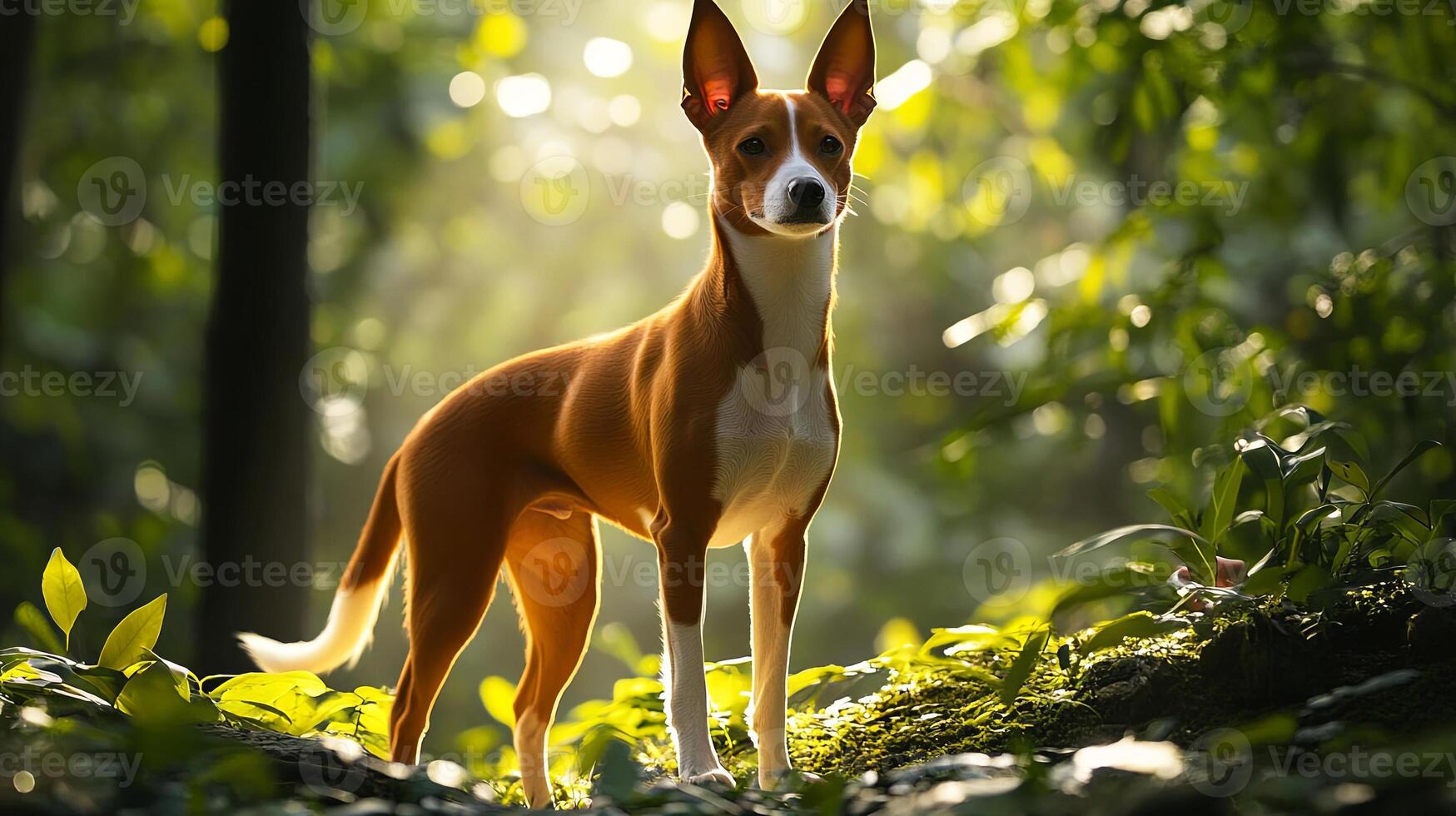 Basenji dog standing gracefully in a sunlit forest, surrounded by lush greenery and soft foliage, showcasing its elegant posture and vibrant coat in a serene natural setting photo