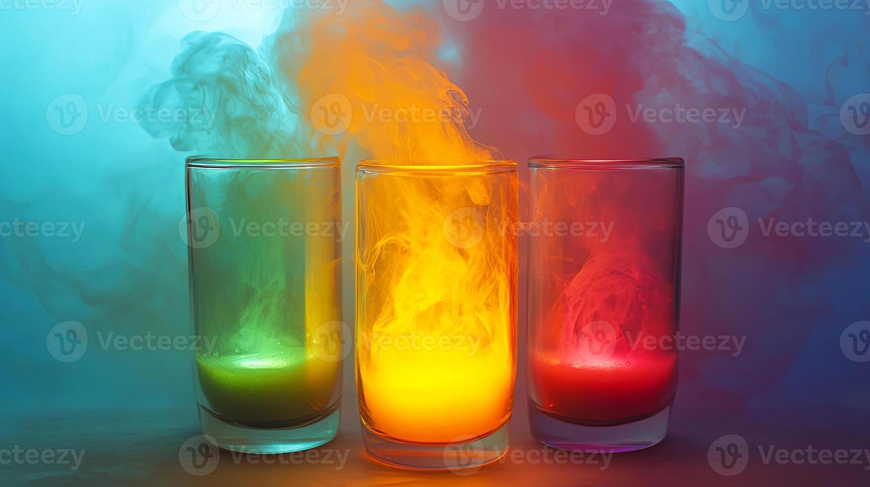 Colorful smoke swirling in three glasses filled with vibrant liquids, creating a mesmerizing visual effect against a soft gradient background, showcasing artistic beverage presentation photo
