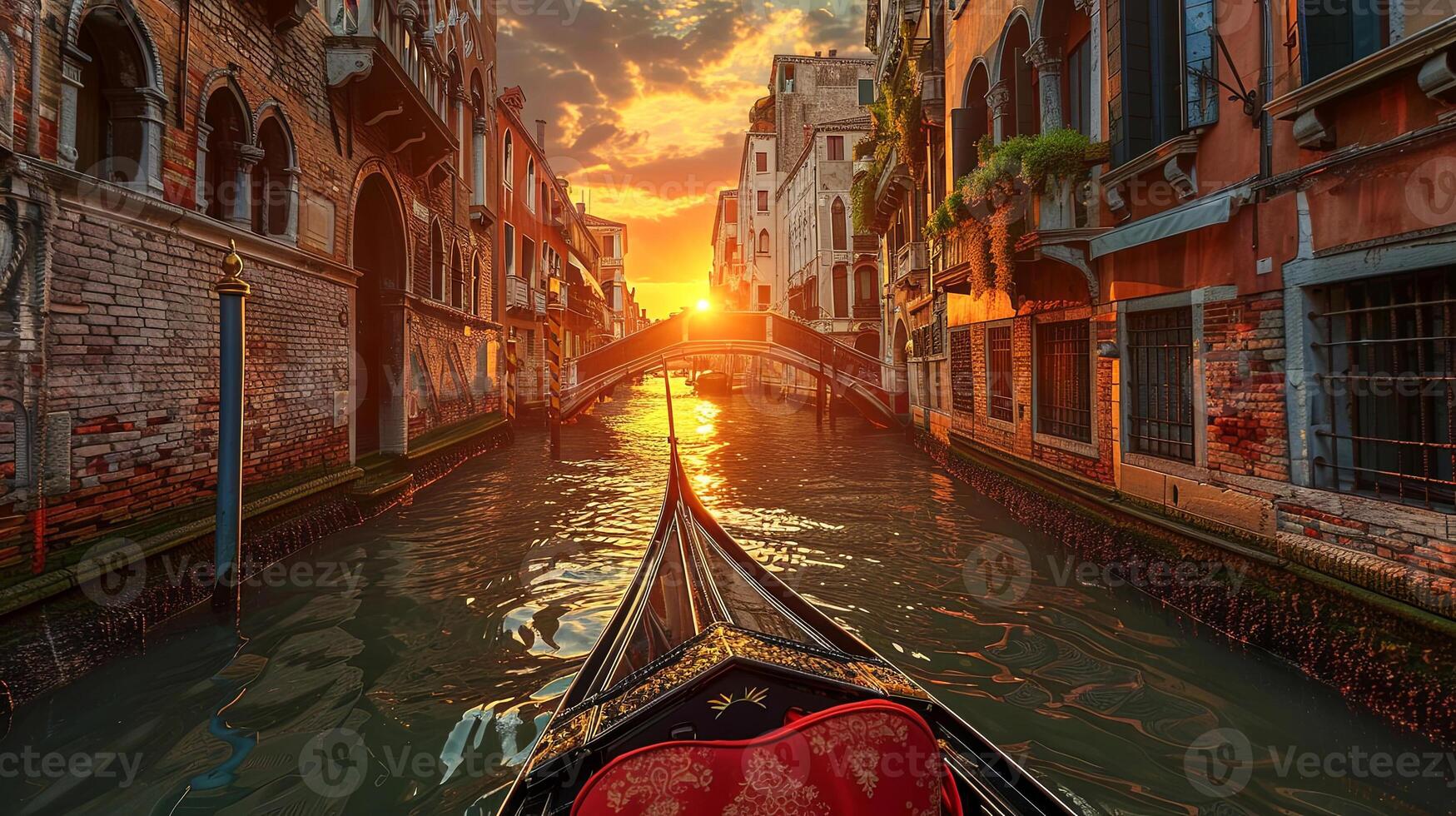 Gondola gliding through serene canal waters at sunset, surrounded by historic architecture and vibrant reflections, capturing the essence of romantic waterways and travel experiences photo