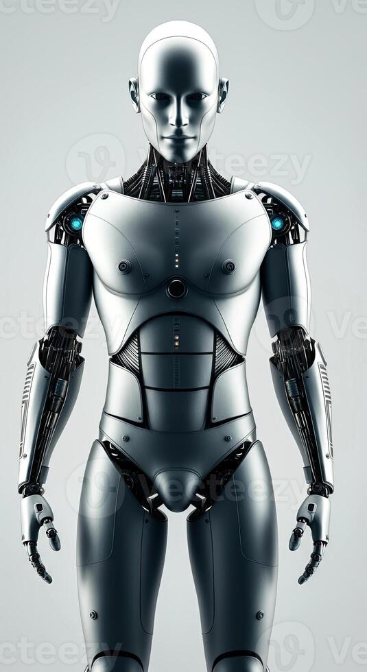 Futuristic humanoid robot with sleek metallic design, showcasing intricate mechanical details and advanced technology, standing against a minimalist background, representing innovation in robotics photo