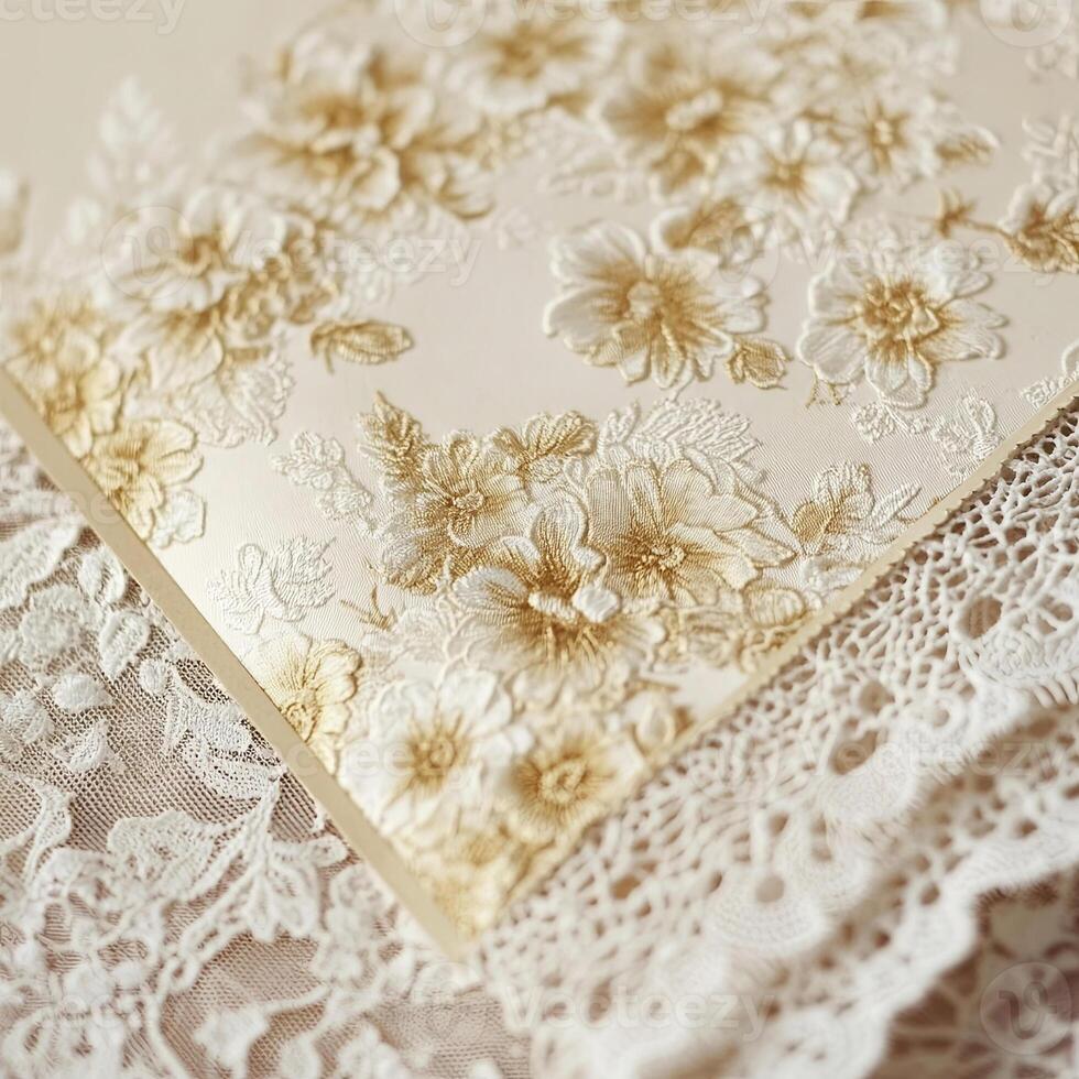 Elegant textured paper with intricate floral embossing and delicate lace trim, showcasing a sophisticated design perfect for invitations or decorative crafts photo