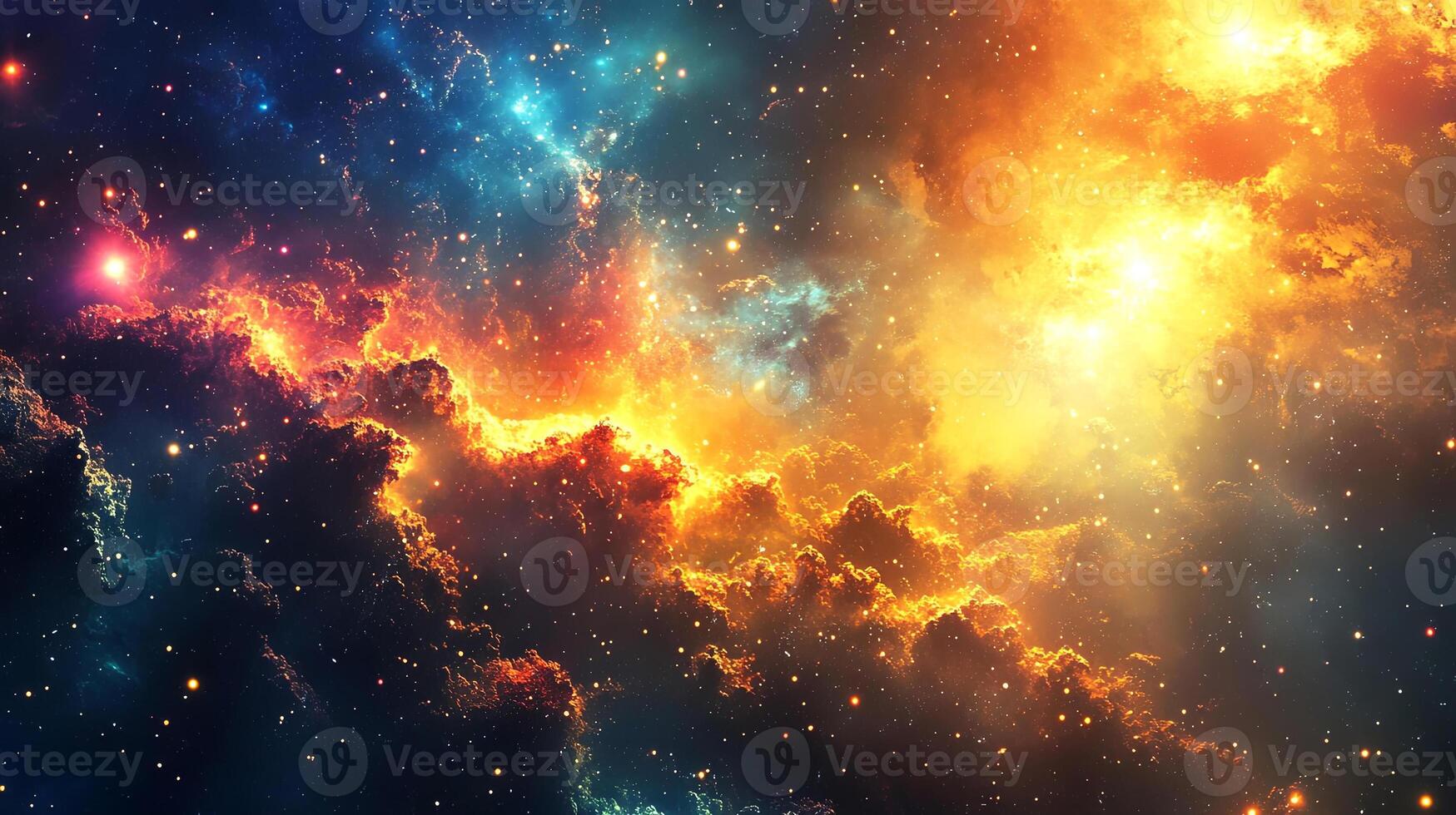 Vibrant cosmic nebula with swirling clouds of gas and dust illuminated by bright stars, creating a stunning celestial scene filled with color and depth photo