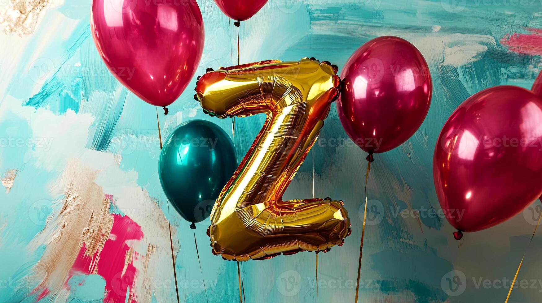 Colorful balloons in various shades surround a shiny gold letter Z, creating a festive atmosphere against a vibrant abstract background, perfect for celebrations and events photo