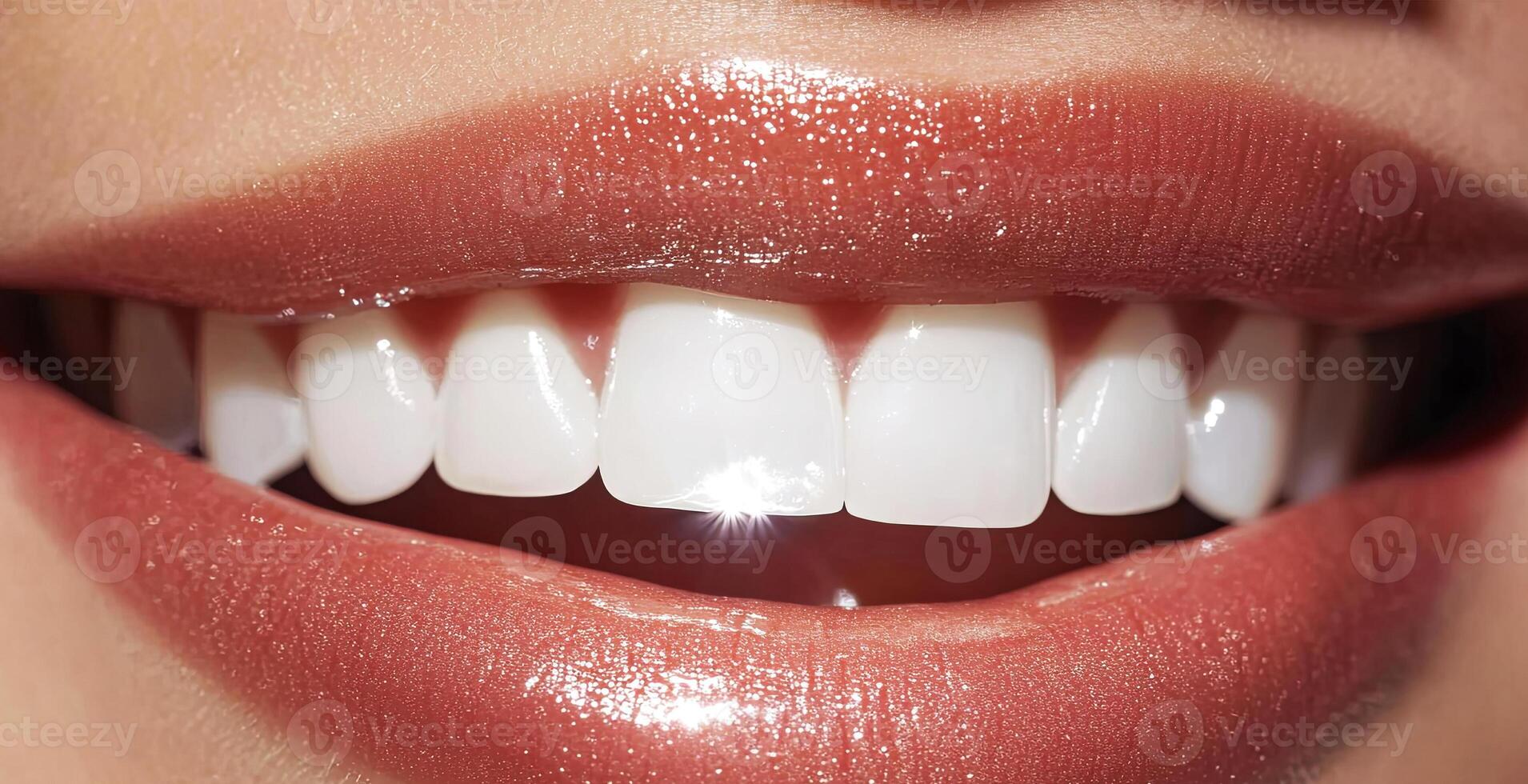 Close-up of a smiling woman showcasing perfect white teeth with glossy lips, highlighting dental health and beauty in a bright and inviting atmosphere photo
