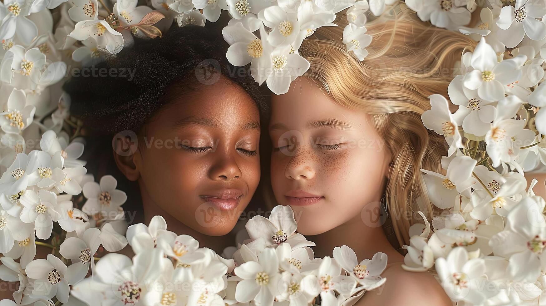 Two young girls, one with dark skin and curly hair, the other with light skin and straight hair, peacefully sleeping together surrounded by white flowers, symbolizing innocence and friendship photo
