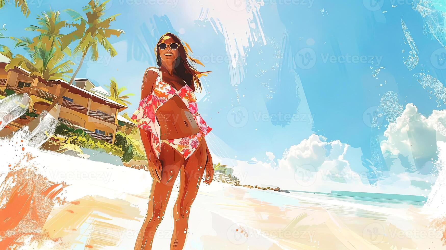 Young woman in a pink bikini stands on a sunny beach, surrounded by palm trees and ocean waves, enjoying a vibrant summer day with a carefree attitude photo