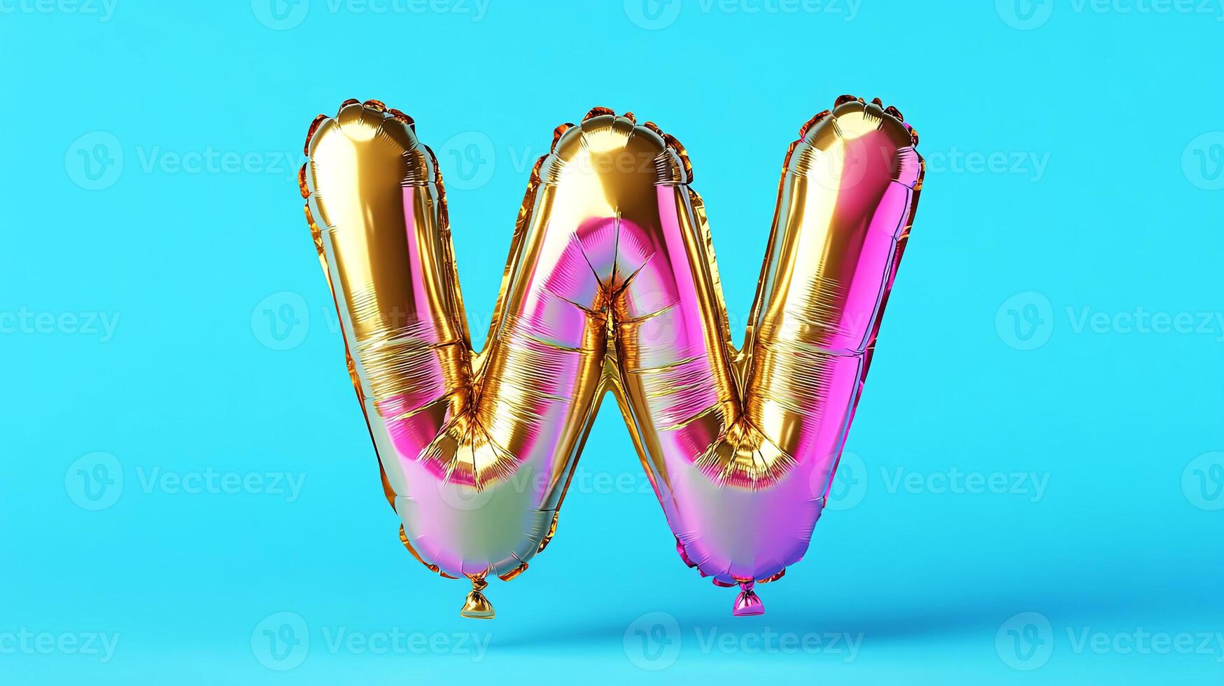 Colorful gold and pink foil balloon shaped like the letter W, floating against a bright blue background, perfect for celebrations and festive occasions photo