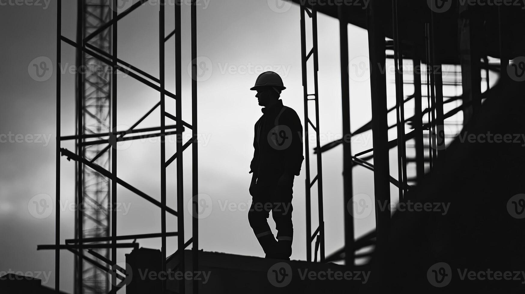 Construction worker silhouette standing on scaffolding at a building site, with dramatic lighting and industrial structures creating a powerful atmosphere of labor and determination photo