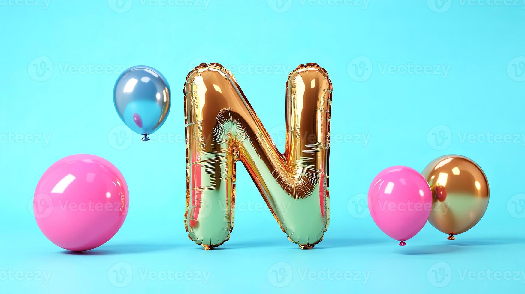 Golden letter N balloon surrounded by colorful round balloons on a vibrant blue background, creating a festive atmosphere for celebrations and events photo