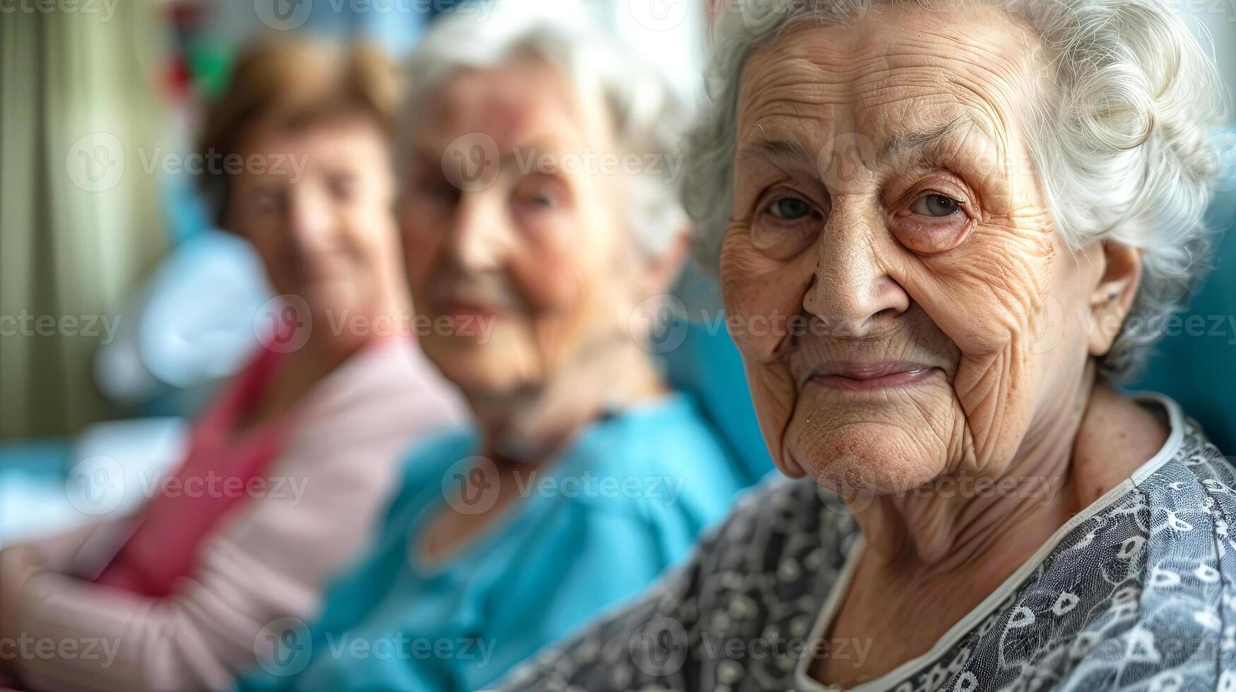 Elderly women with gray hair are smiling warmly while seated together in a bright room, showcasing companionship and the beauty of aging in a nurturing environment photo