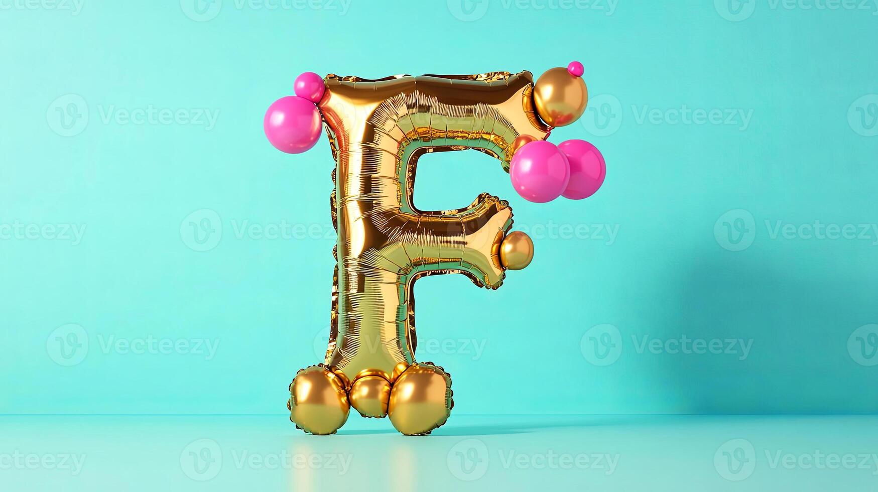 Golden balloon letter F, adorned with colorful pink accents, stands against a vibrant turquoise background, creating a playful and festive atmosphere for celebrations and events photo