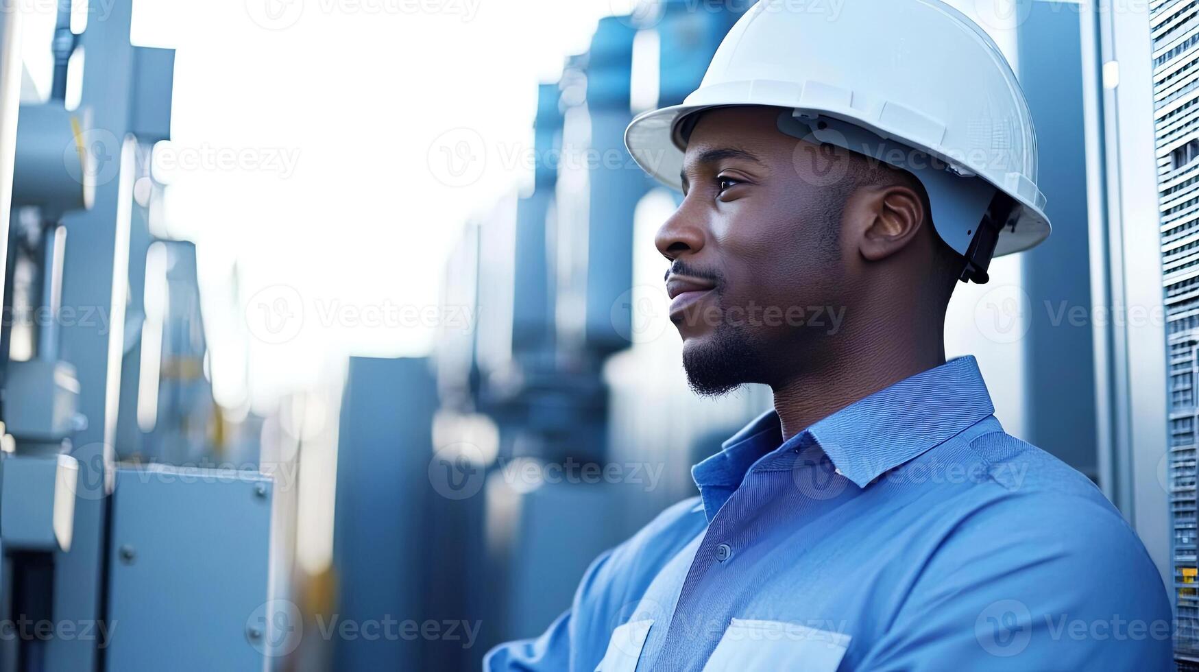 A man in a hard hat standing in front of a power panel photo