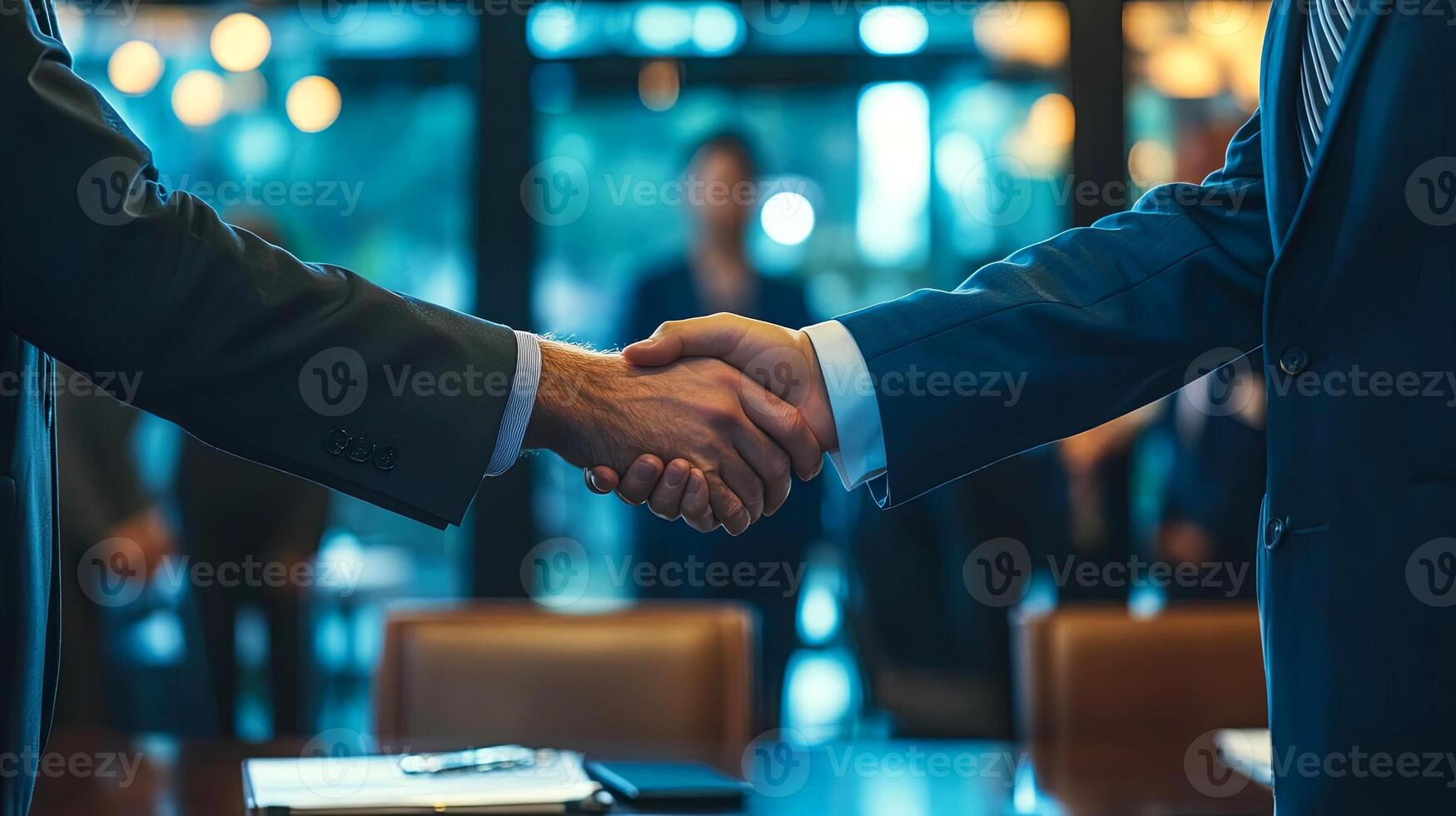 Two business professionals engaged in handshake, symbolizing partnership and collaboration, in a modern office setting with blurred figures in the background, conveying a sense of unity and agreement photo
