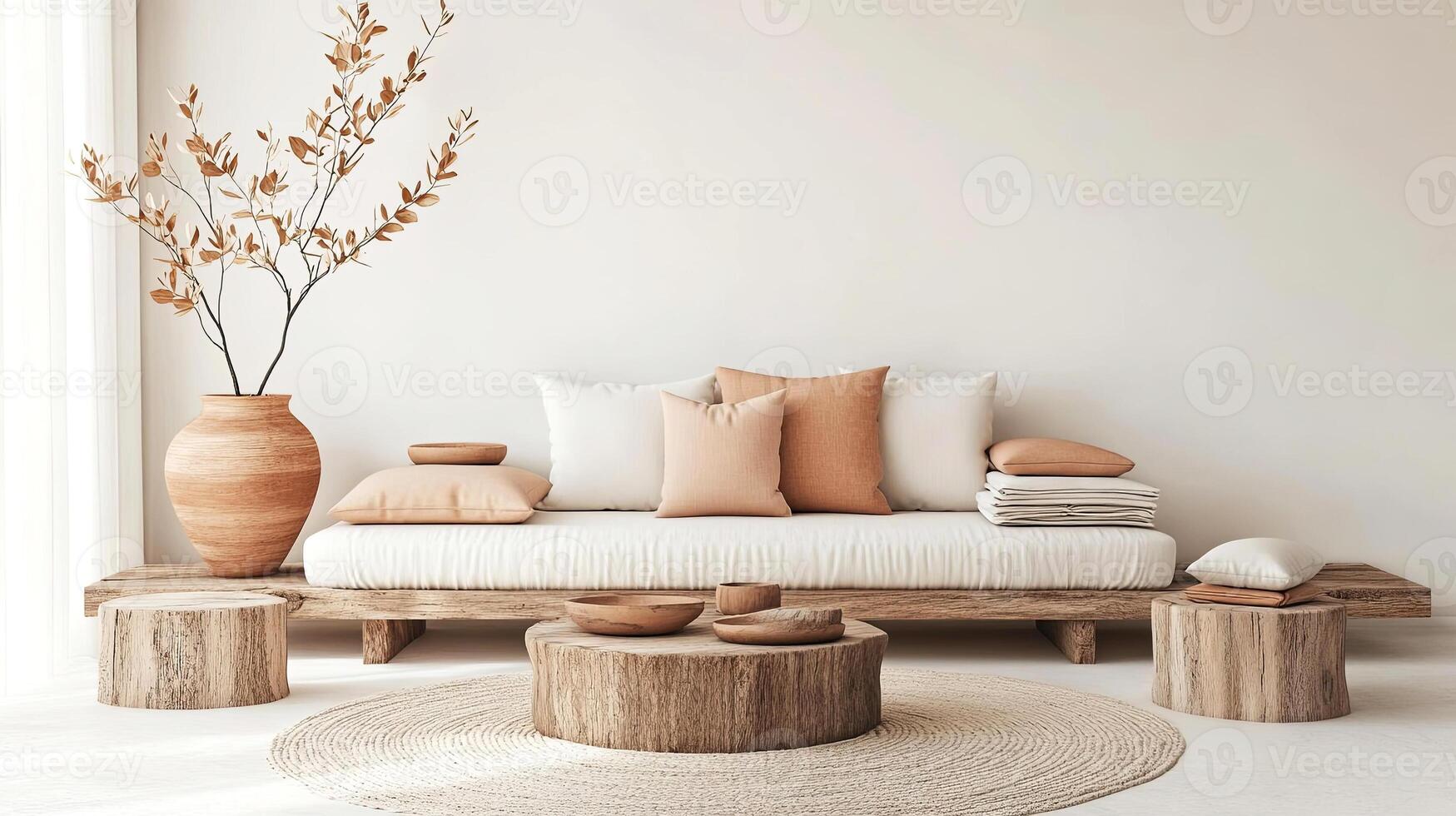 Cozy living room featuring a minimalist wooden sofa adorned with soft pillows, a round coffee table, and a decorative vase with dried branches, creating a serene atmosphere photo
