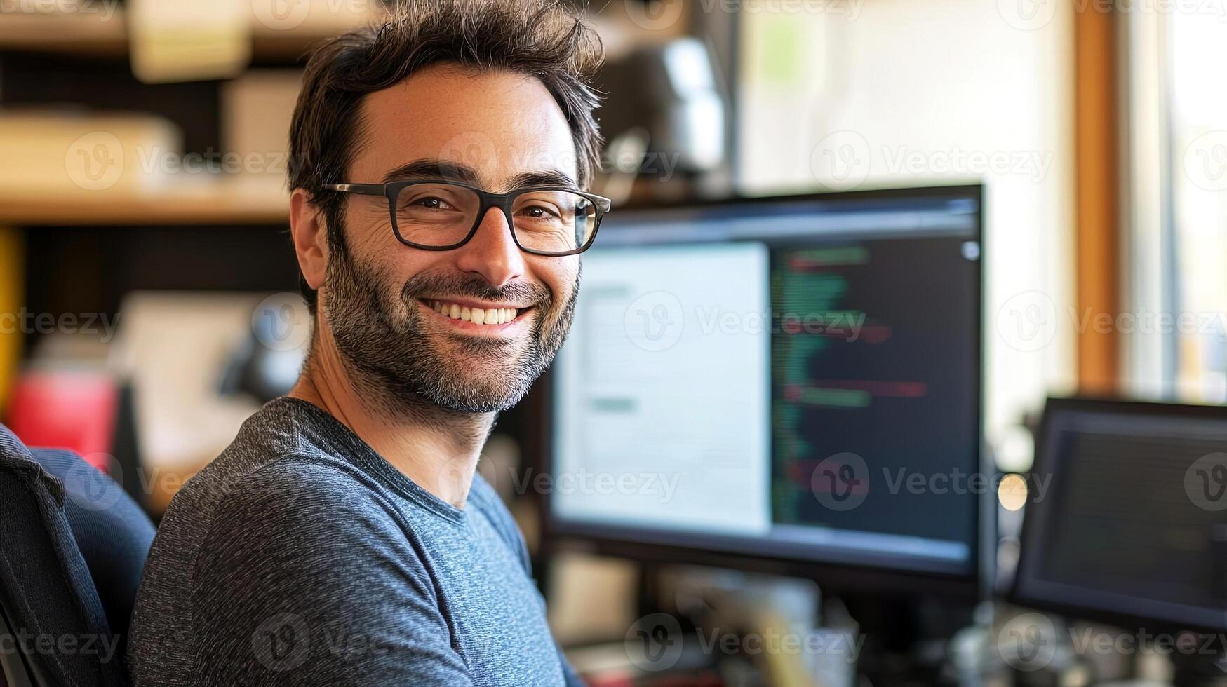 A man in glasses sitting at a desk in front of two computer monitors photo