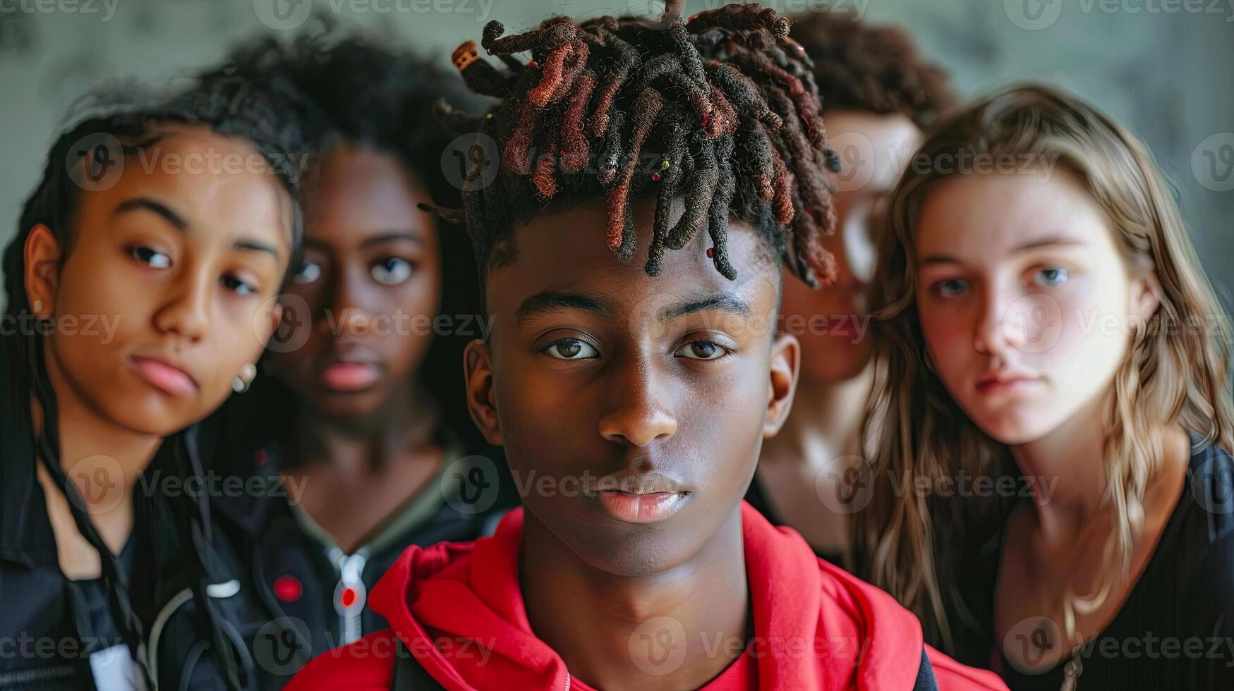 A powerful portrait capturing youth and diversity, showcasing expressions of thoughtfulness and intensity photo